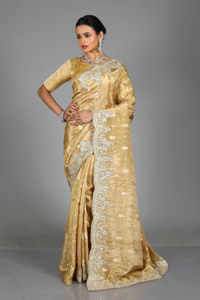 Beige Blended Satin Silk Saree