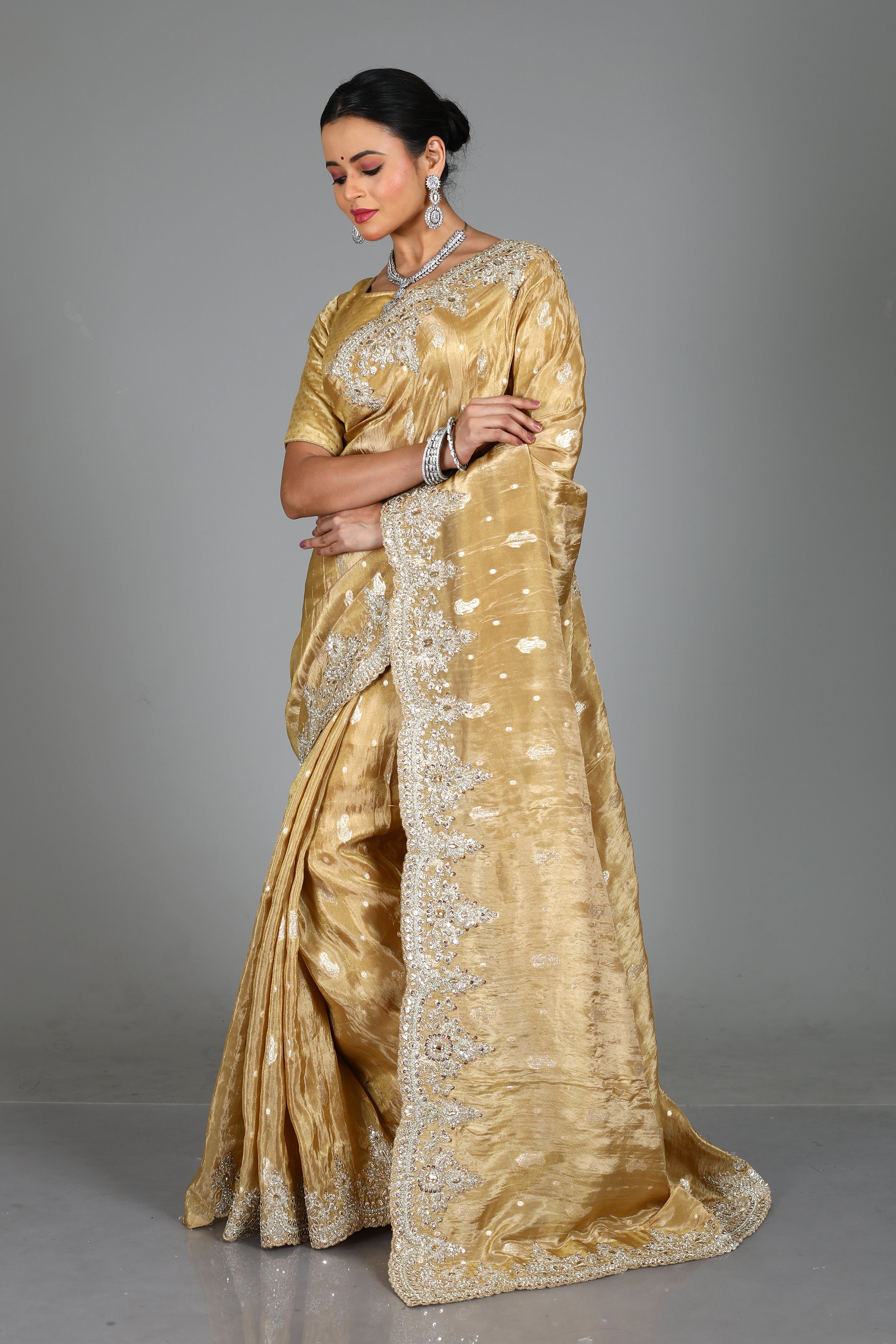 Beige Blended Satin Silk Saree