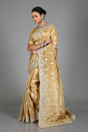 Beige Blended Satin Silk Saree