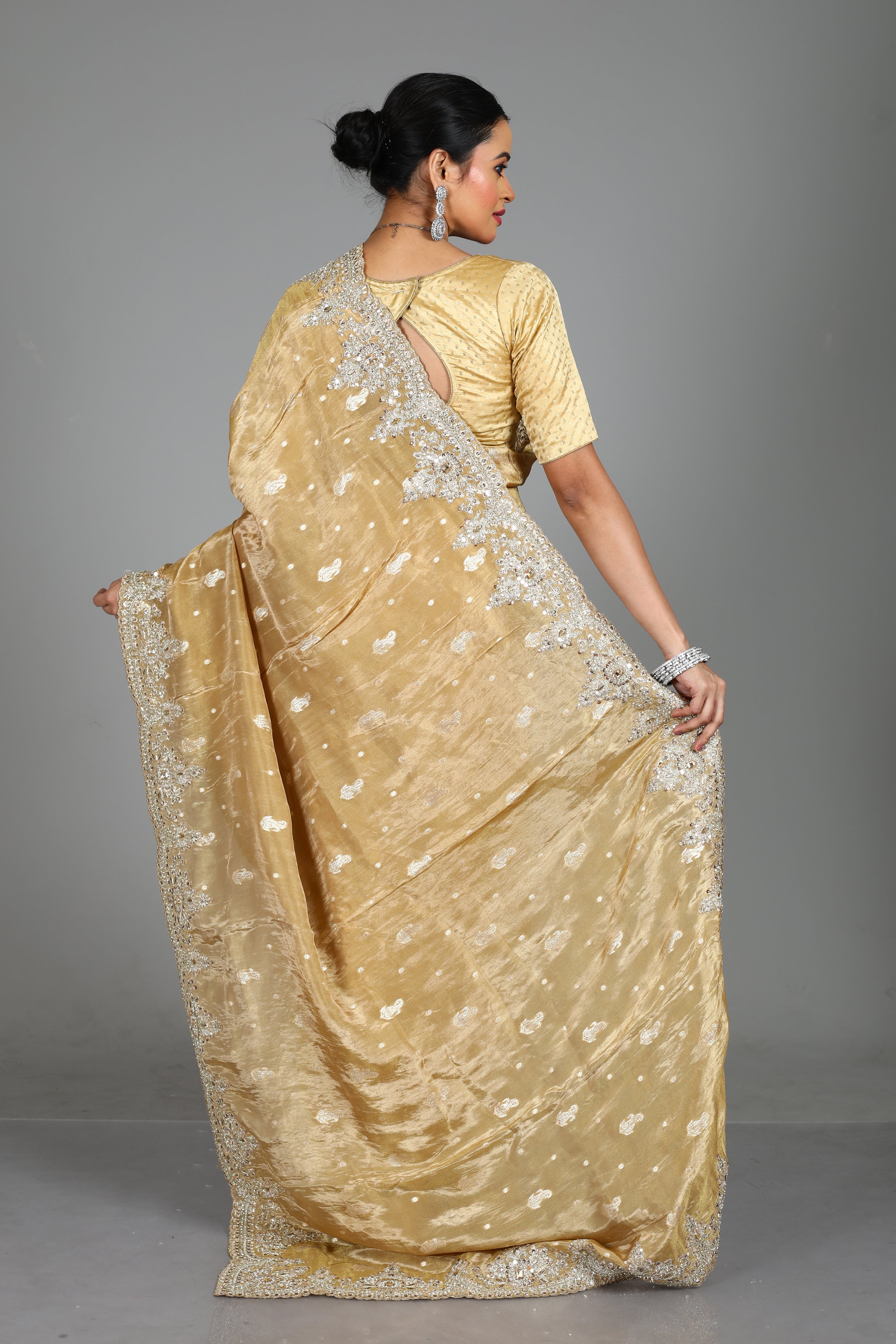Beige Blended Satin Silk Saree