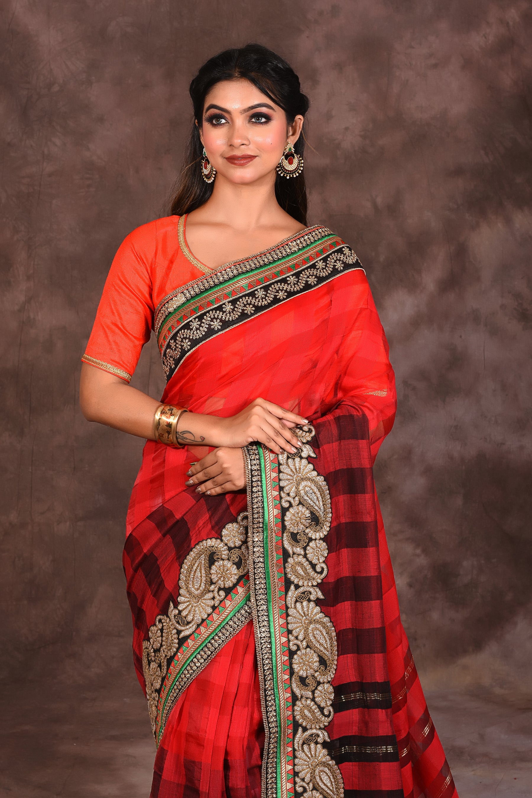 Red Checkered Handloom Saree - Keya Seth Exclusive