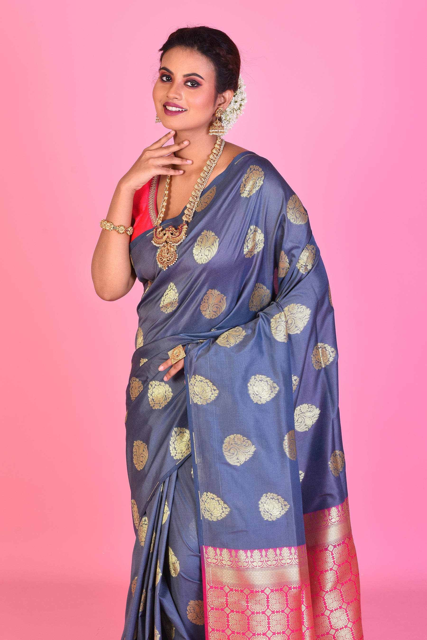 Borderless Grey Blended Silk Saree - Keya Seth Exclusive