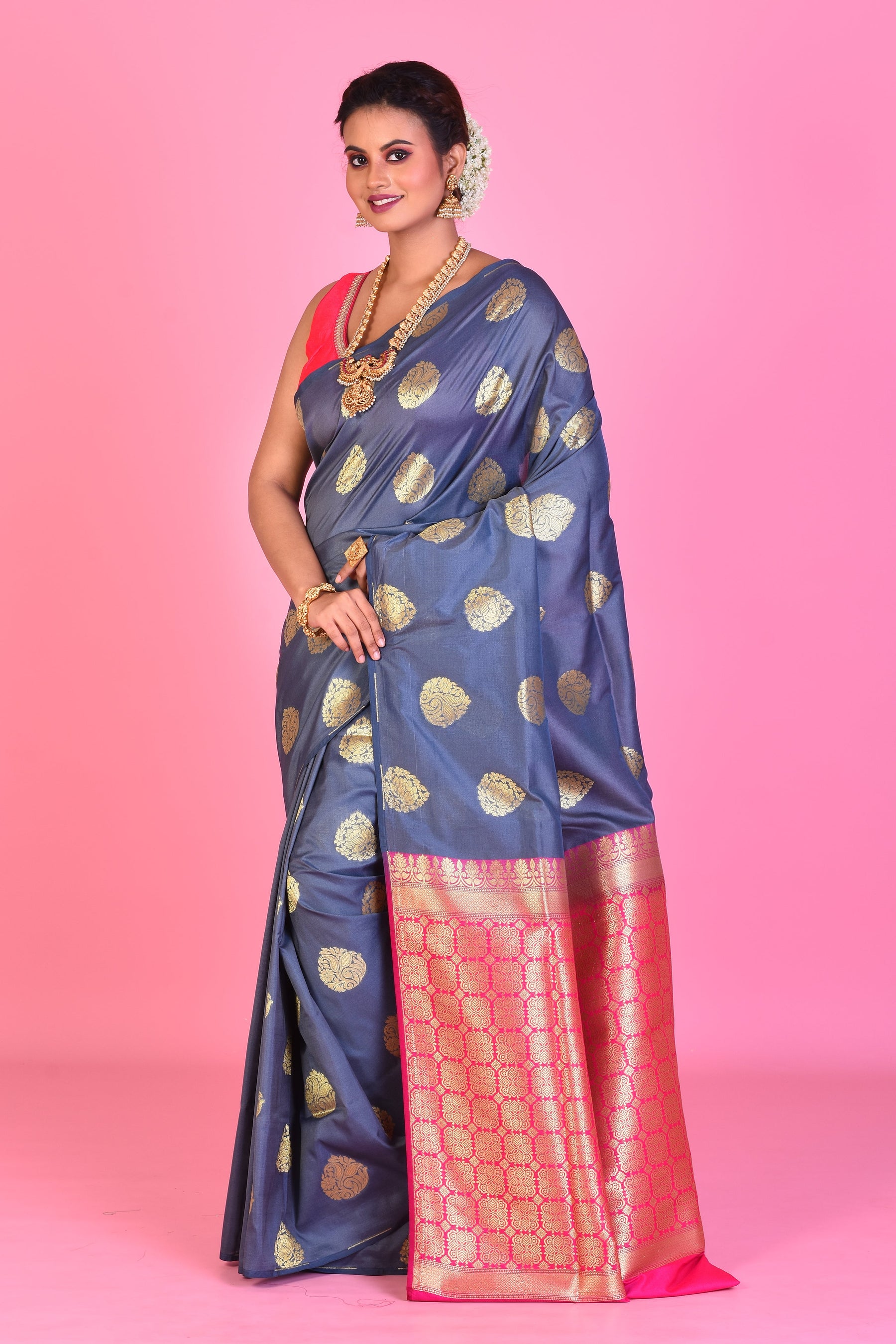 Borderless Grey Blended Silk Saree - Keya Seth Exclusive