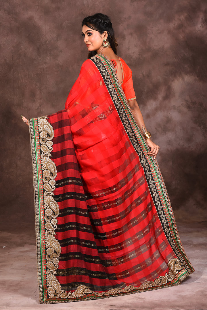 Red Checkered Handloom Saree - Keya Seth Exclusive