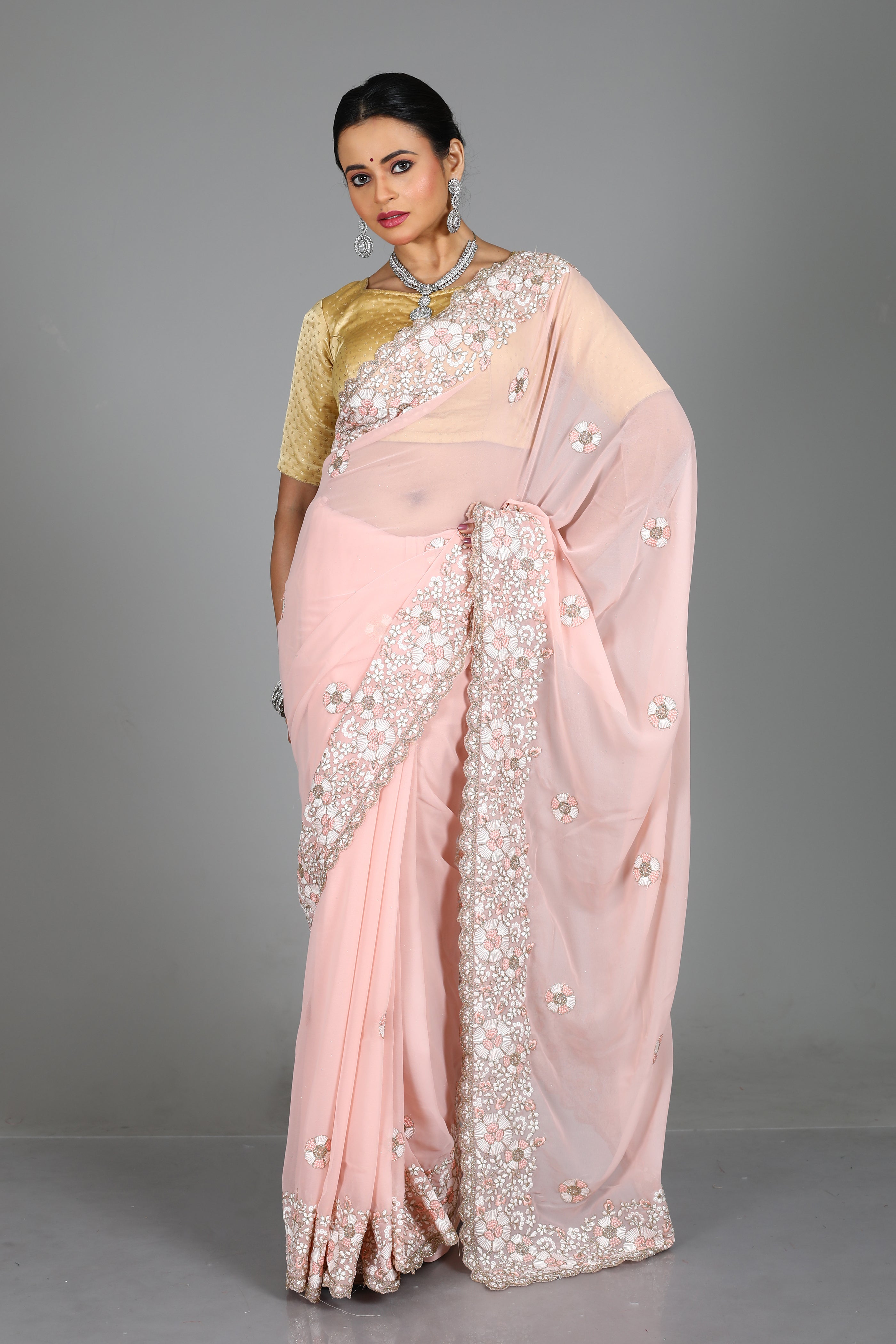 Peach Blended Georgette Saree