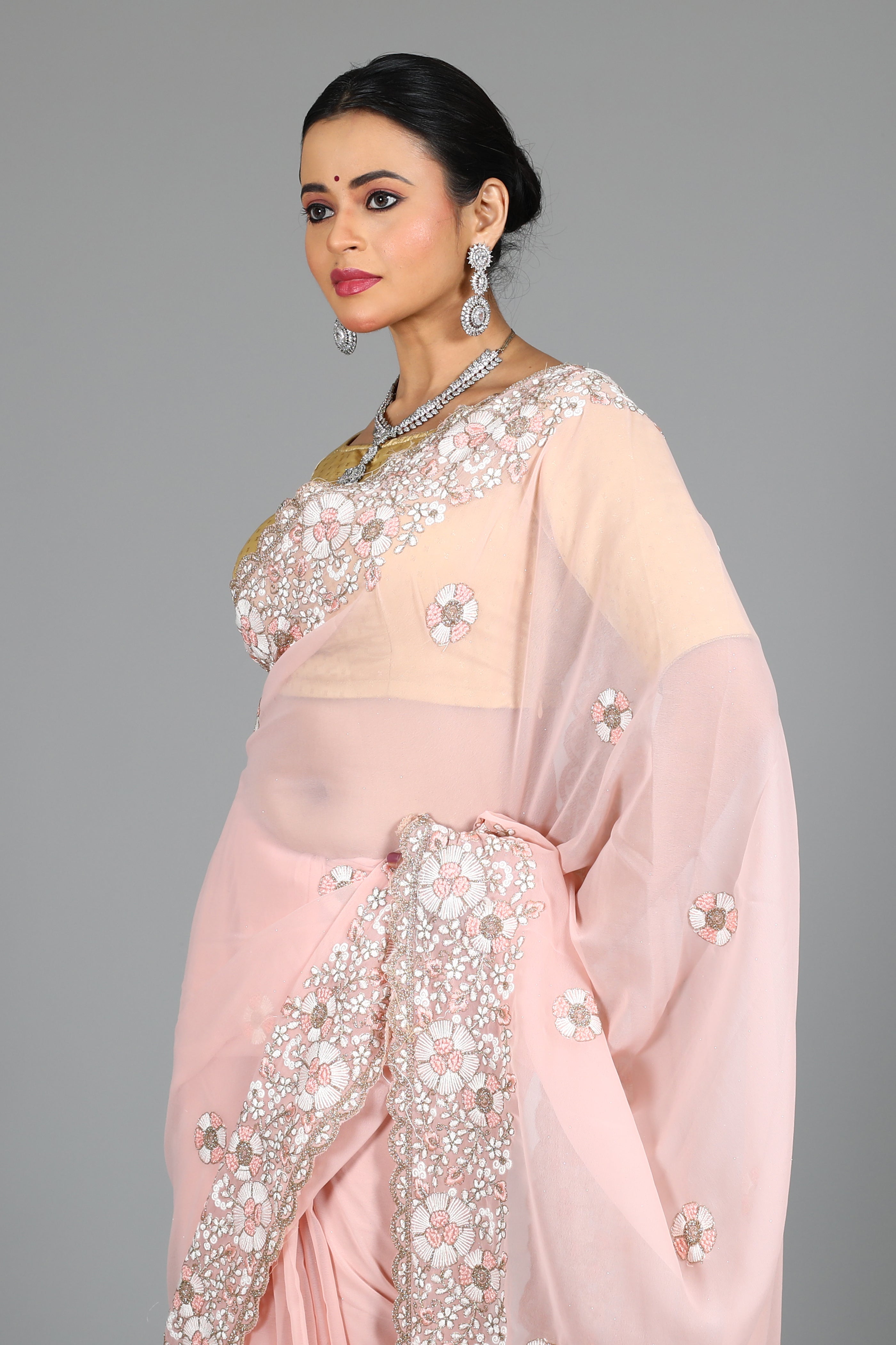 Peach Blended Georgette Saree