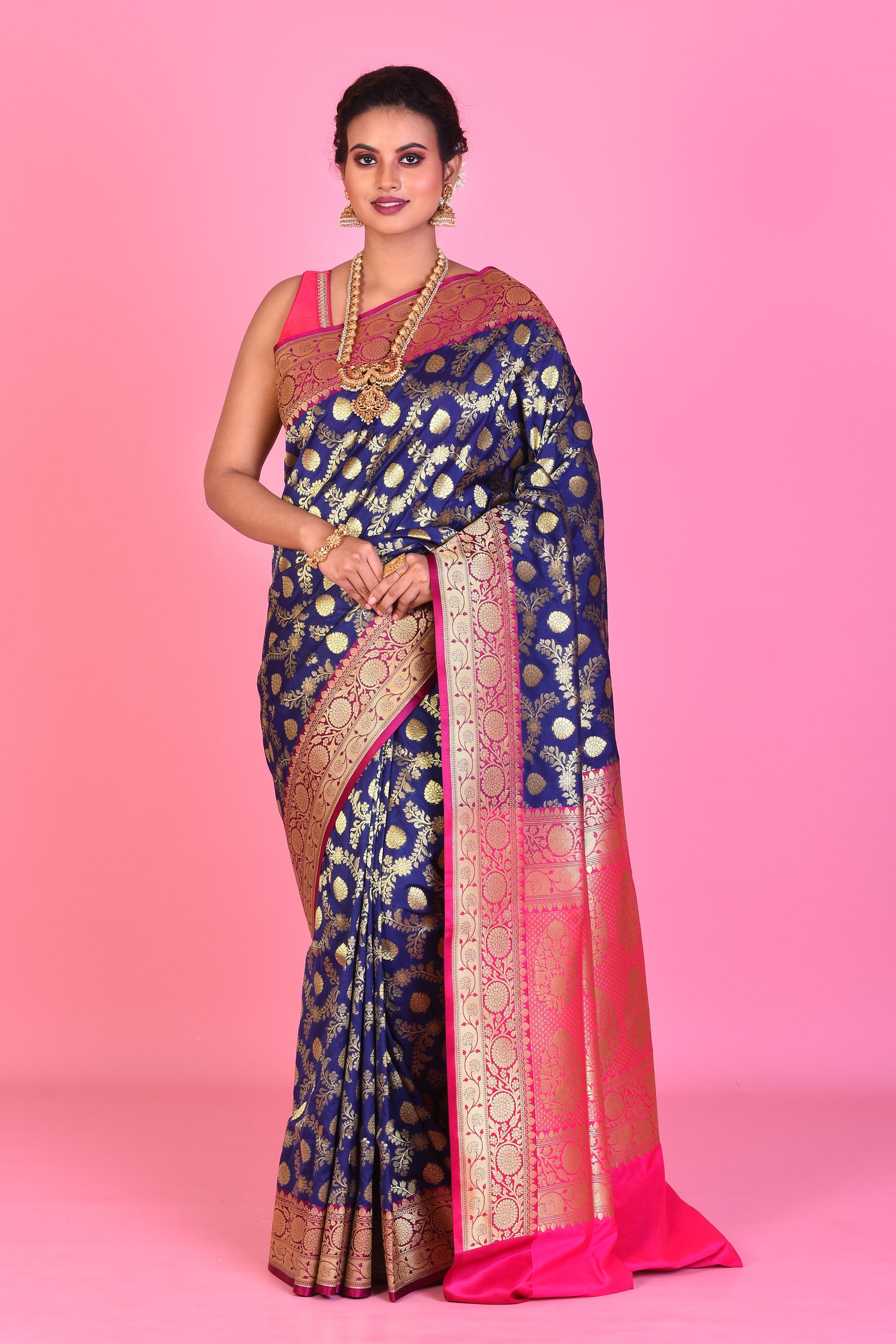 Navy Blue Uppada Silk Saree with Pink Borders - Keya Seth Exclusive