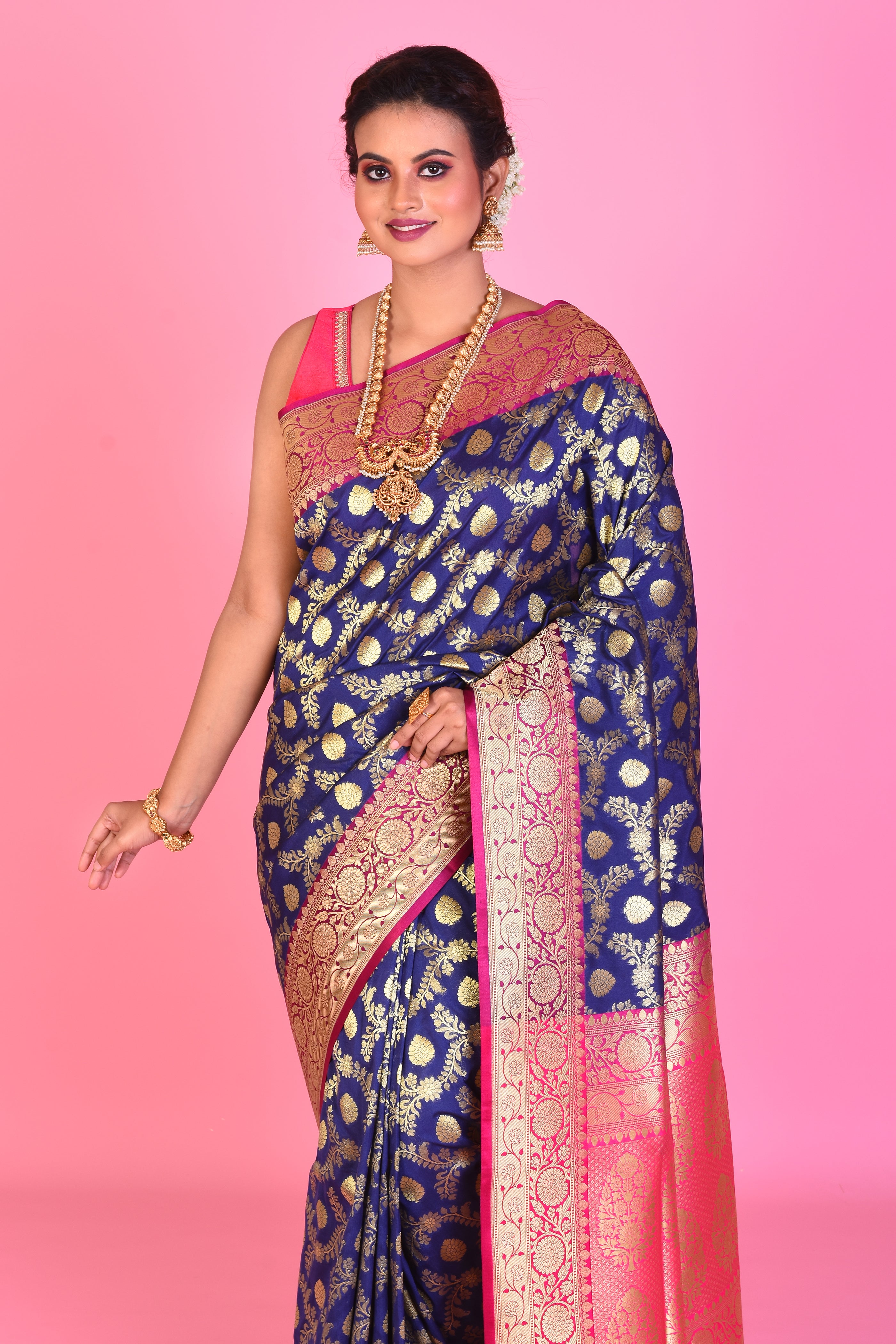 Navy Blue Uppada Silk Saree with Pink Borders - Keya Seth Exclusive