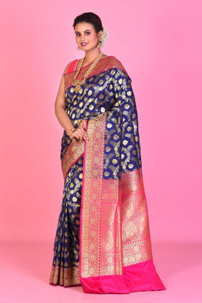 Navy Blue Uppada Silk Saree with Pink Borders - Keya Seth Exclusive