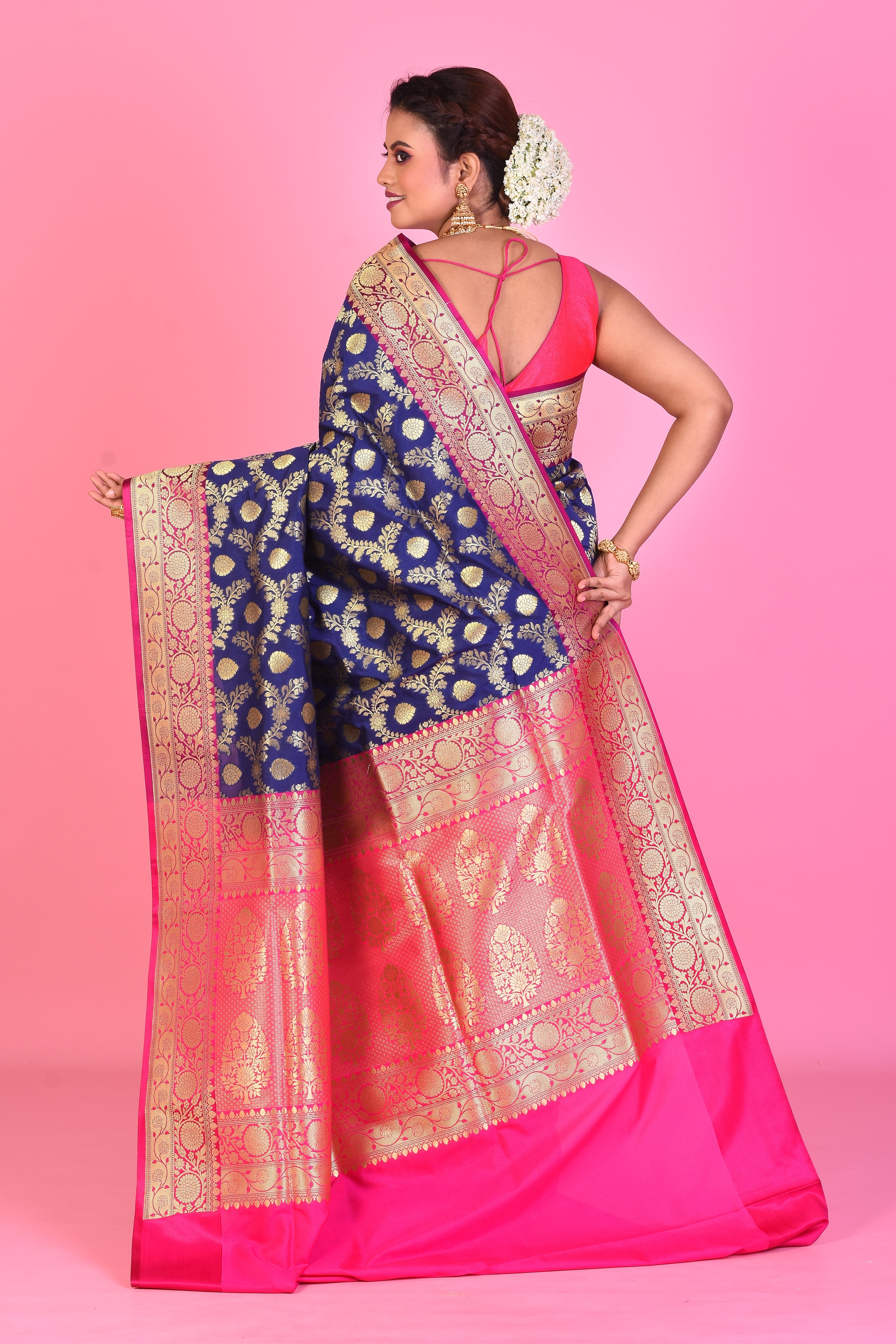 Navy Blue Uppada Silk Saree with Pink Borders - Keya Seth Exclusive