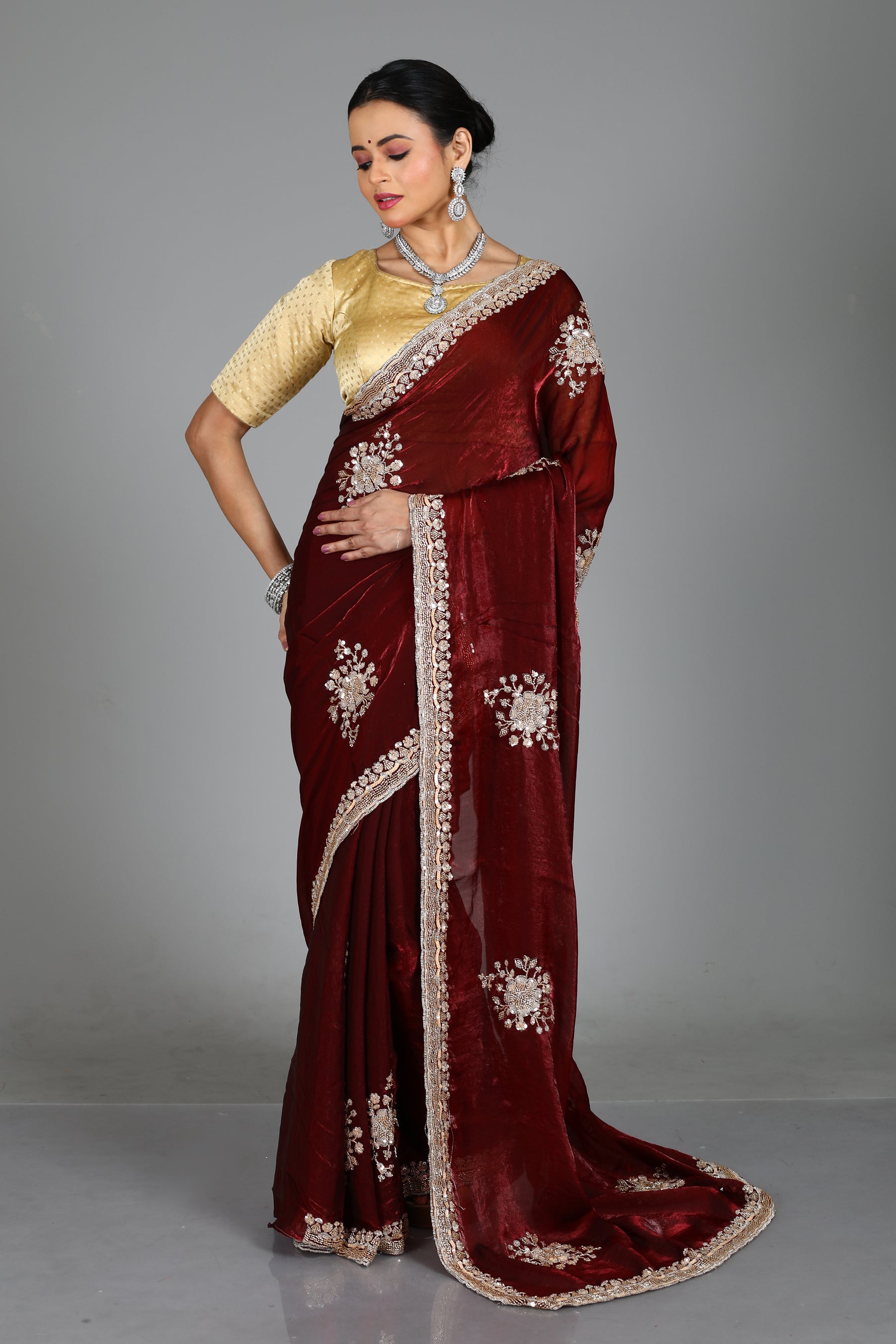 Maroon Blended Georgette Saree