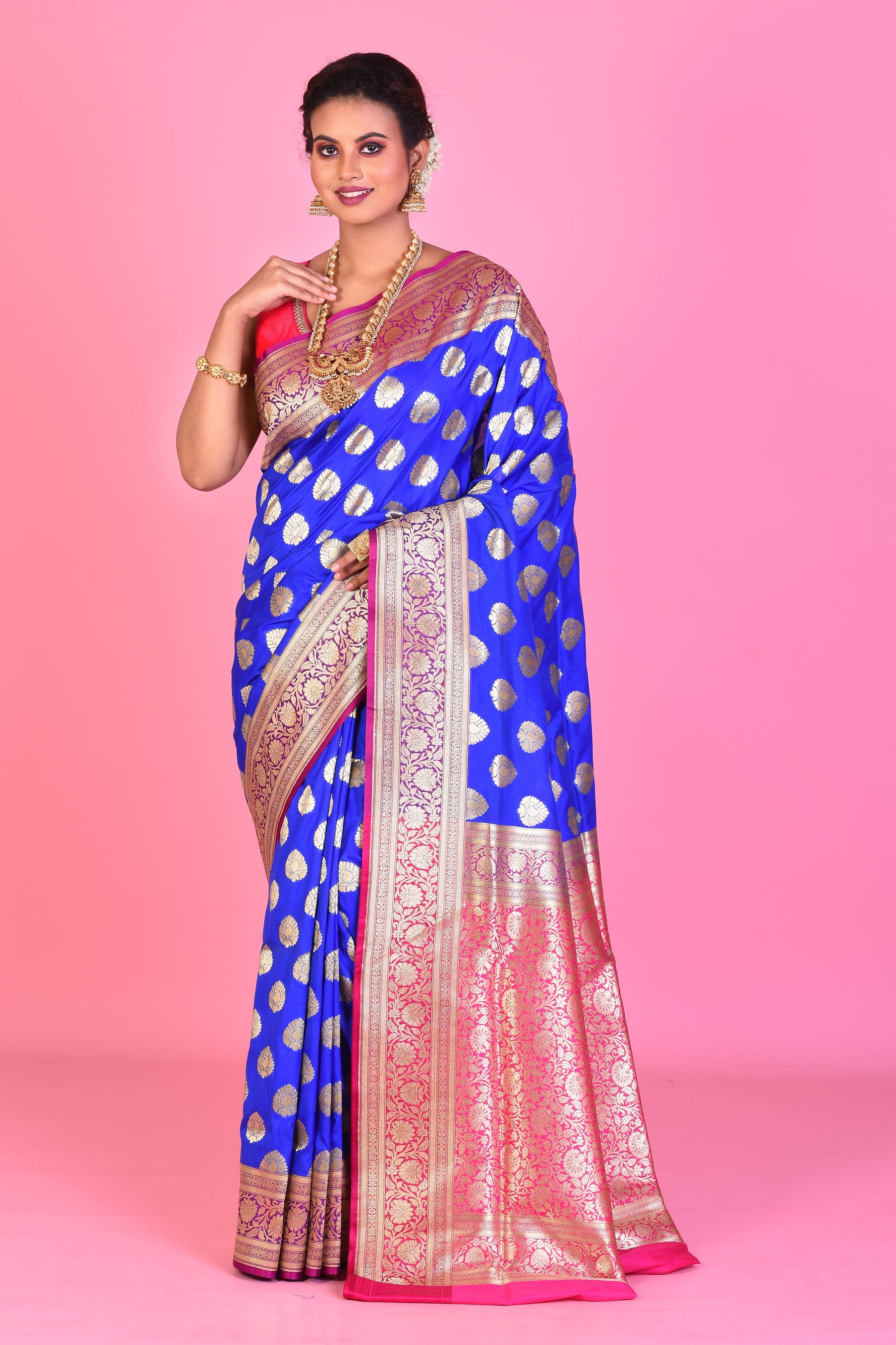 Royal Blue Uppada Silk Saree with Pink Borders - Keya Seth Exclusive