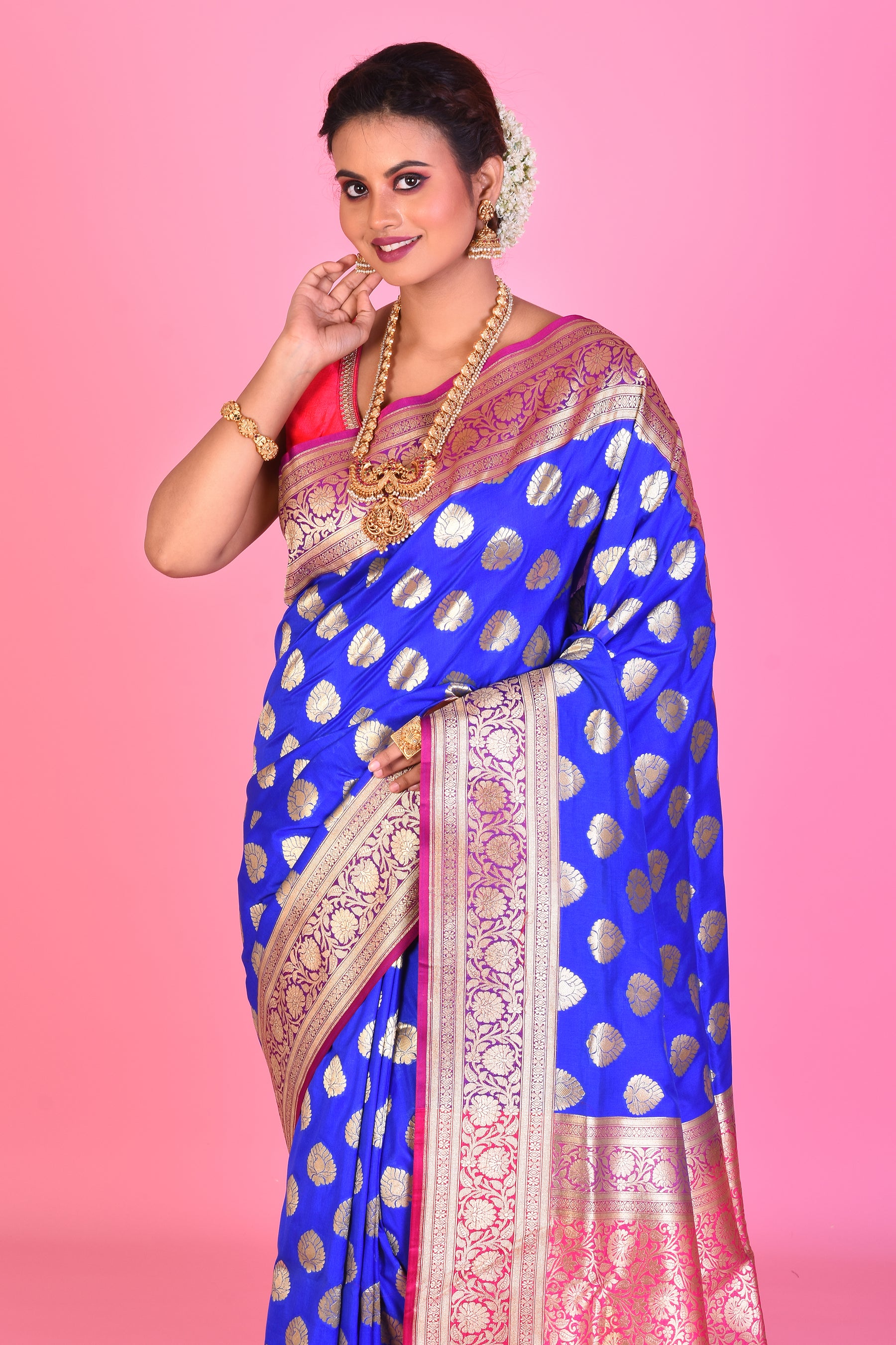 Royal Blue Uppada Silk Saree with Pink Borders - Keya Seth Exclusive