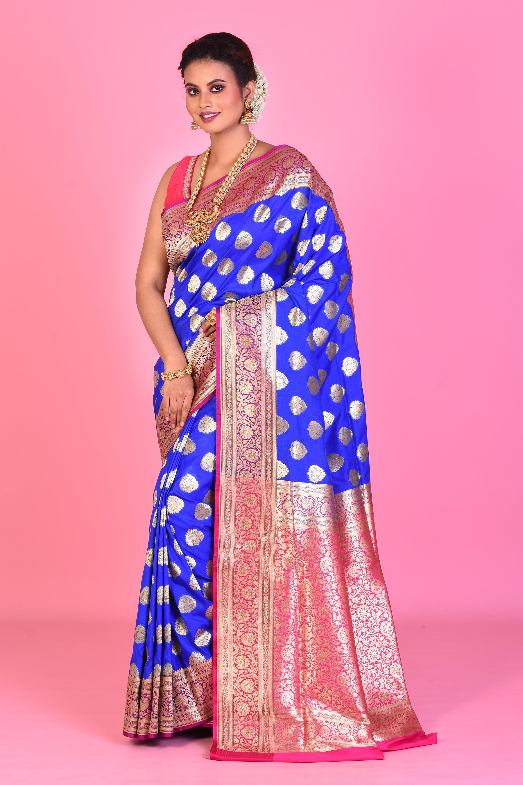 Royal Blue Uppada Silk Saree with Pink Borders - Keya Seth Exclusive