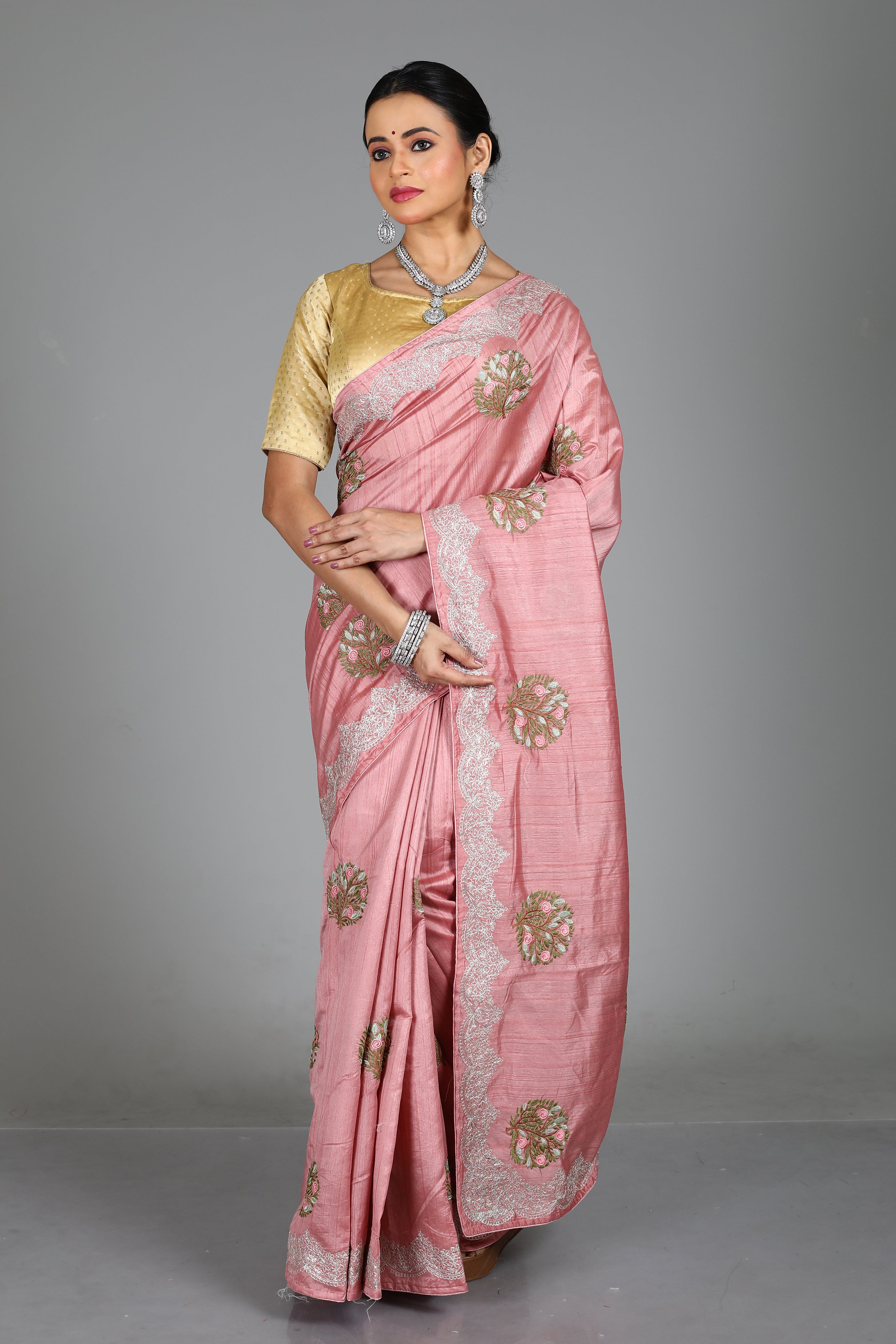 Pink Blended Satin Silk Saree