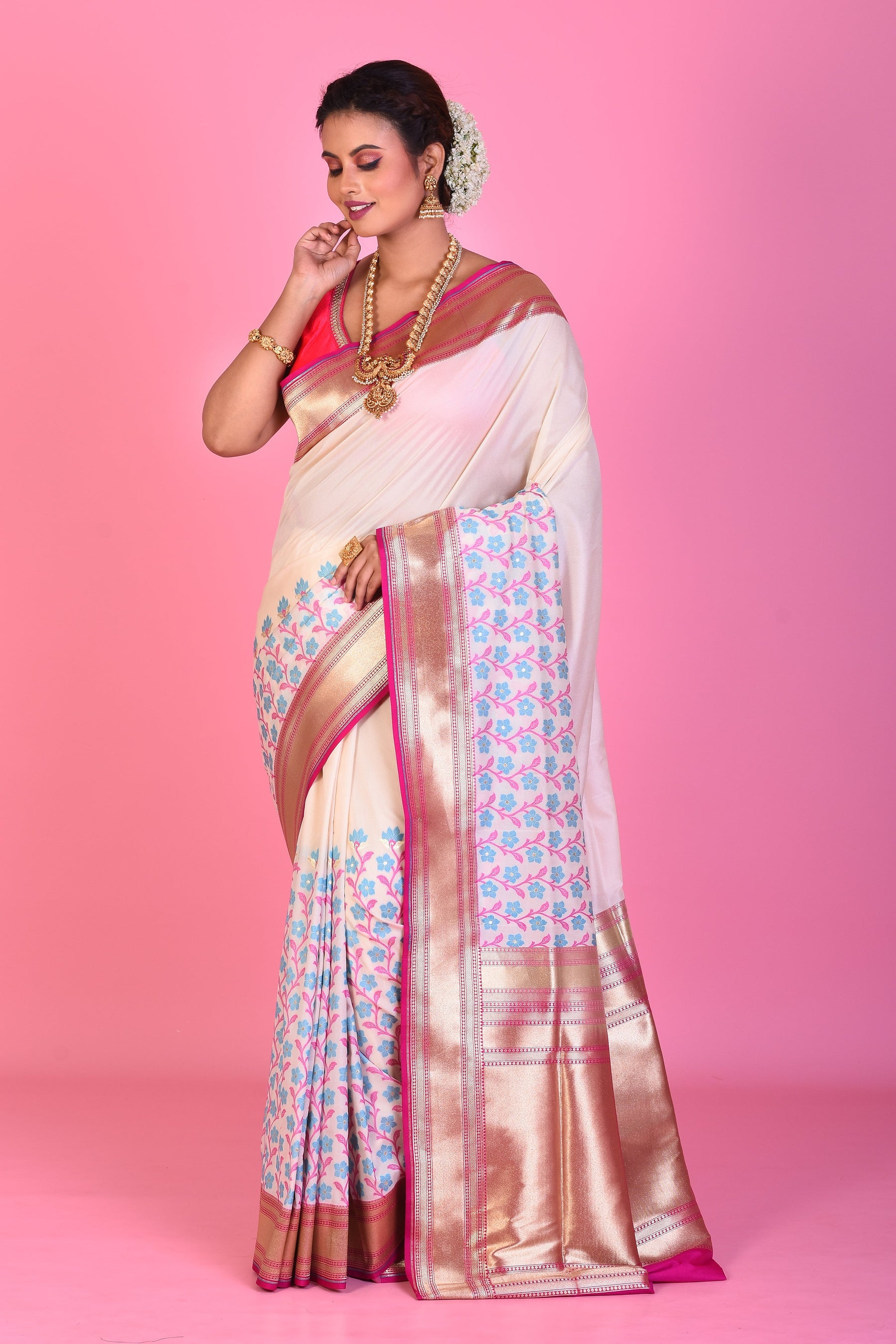 White Dupion Silk Saree with Pink Borders - Keya Seth Exclusive