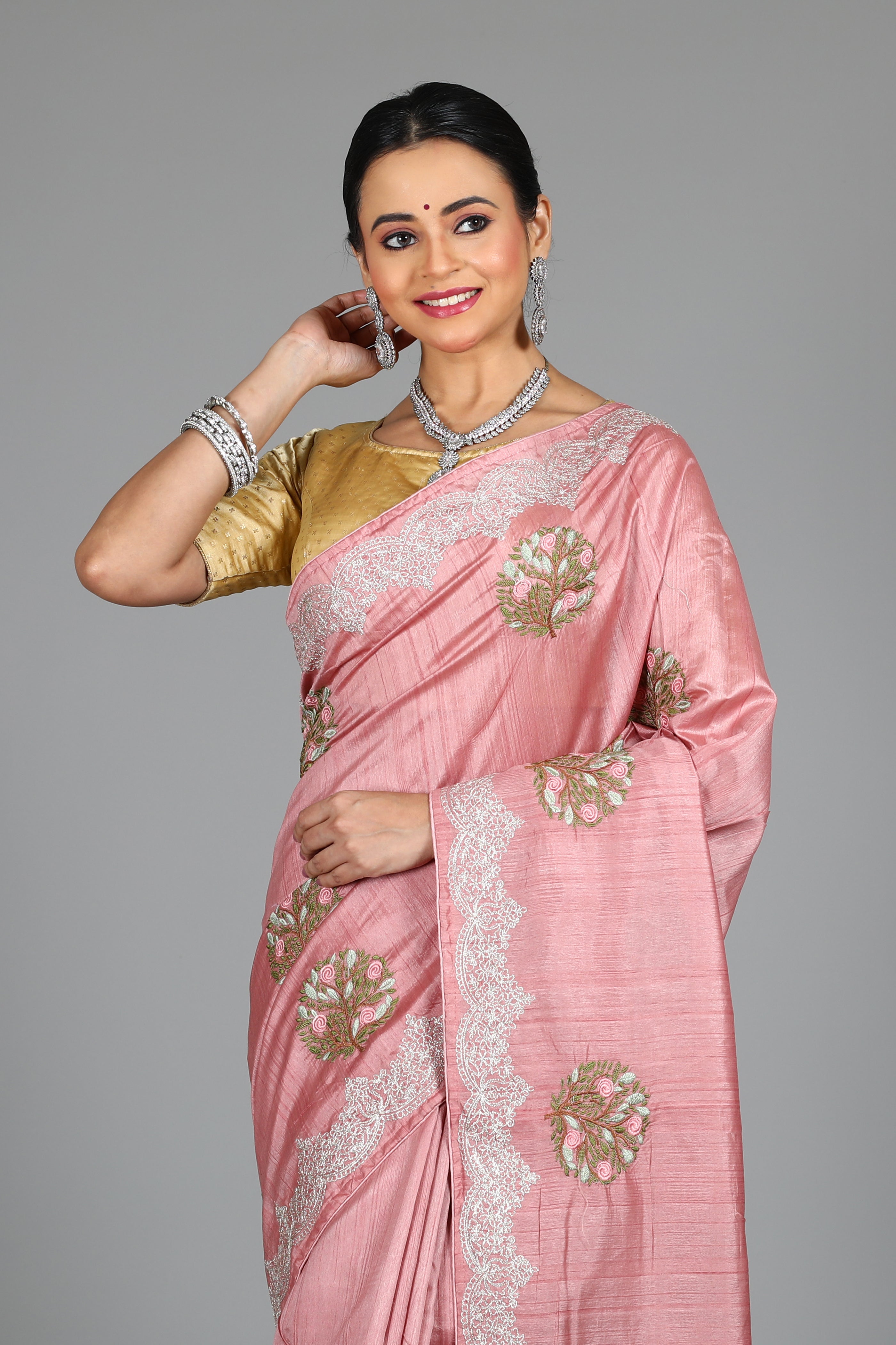 Pink Blended Satin Silk Saree