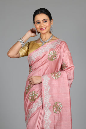 Pink Blended Satin Silk Saree