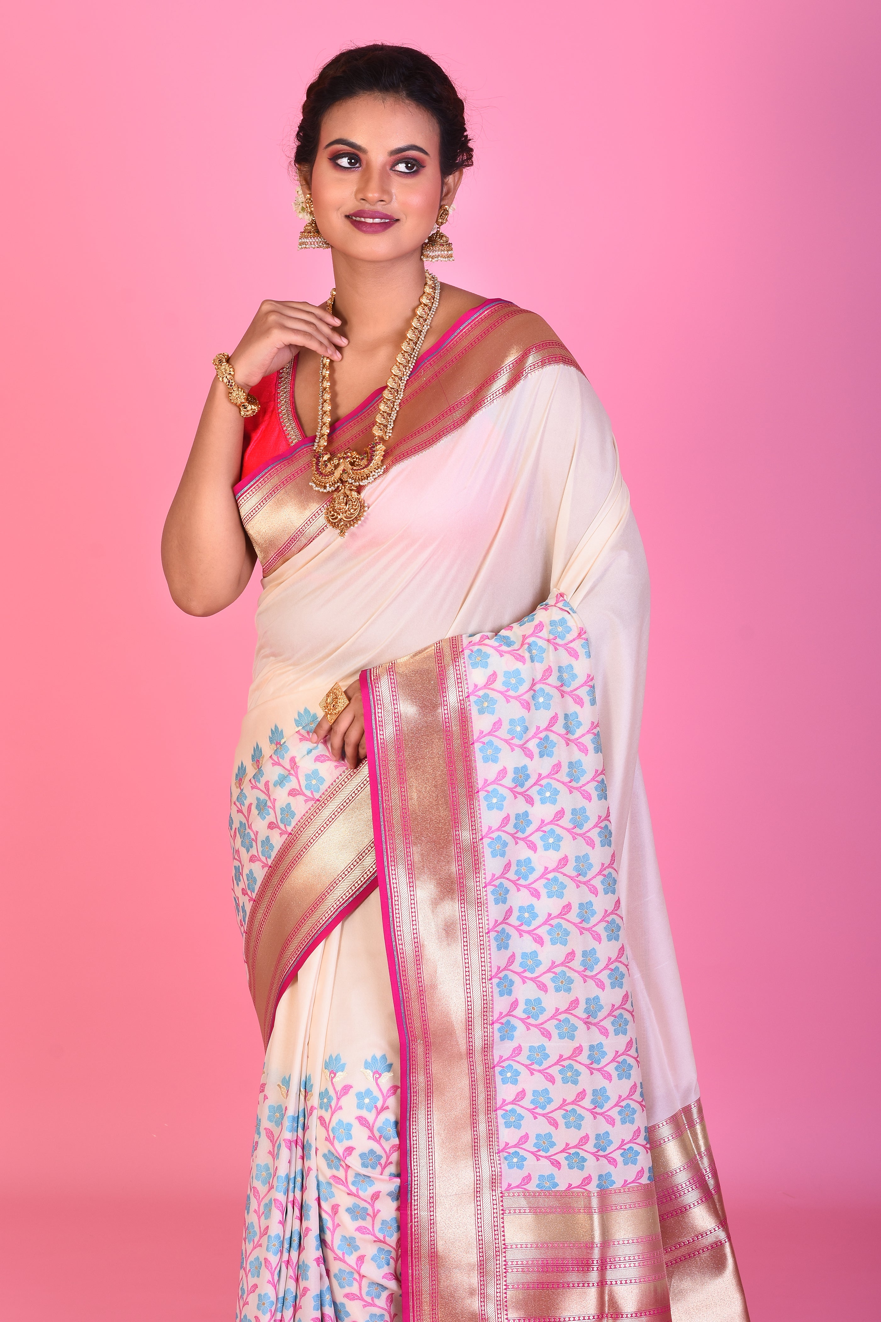 White Dupion Silk Saree with Pink Borders - Keya Seth Exclusive