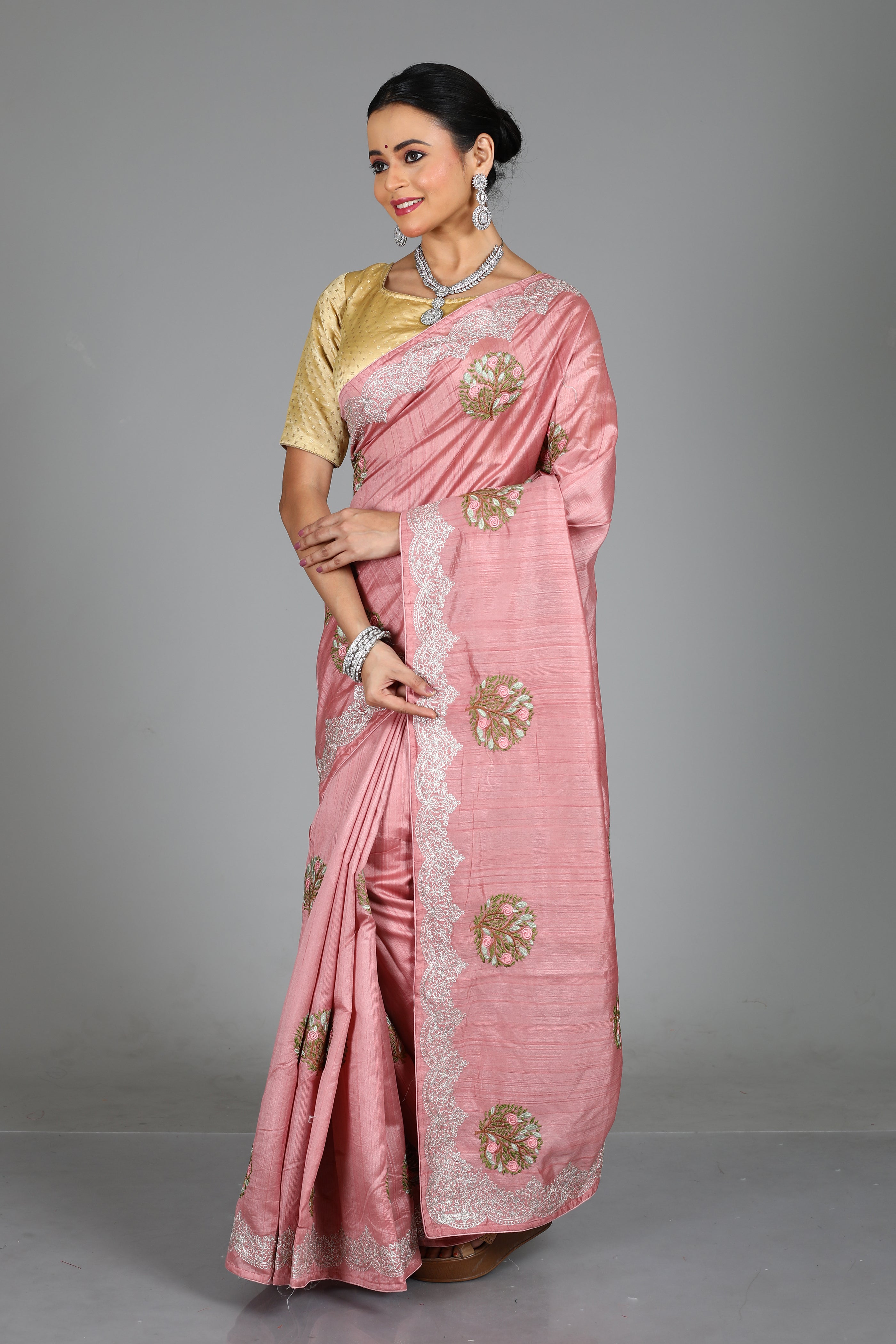 Pink Blended Satin Silk Saree