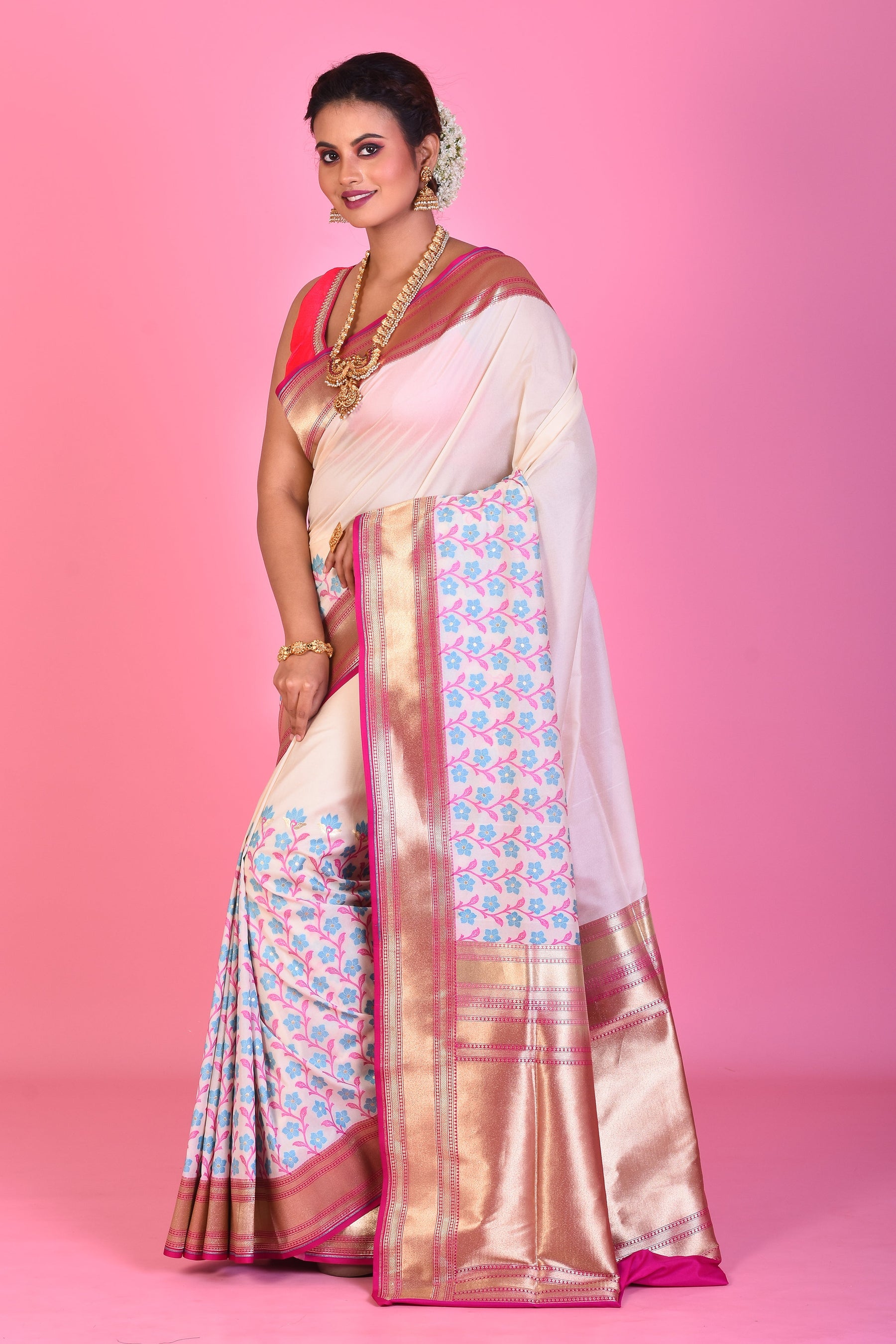 White Dupion Silk Saree with Pink Borders - Keya Seth Exclusive