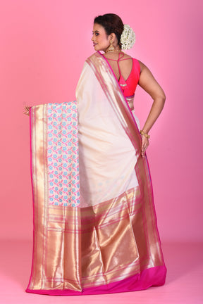 White Dupion Silk Saree with Pink Borders - Keya Seth Exclusive