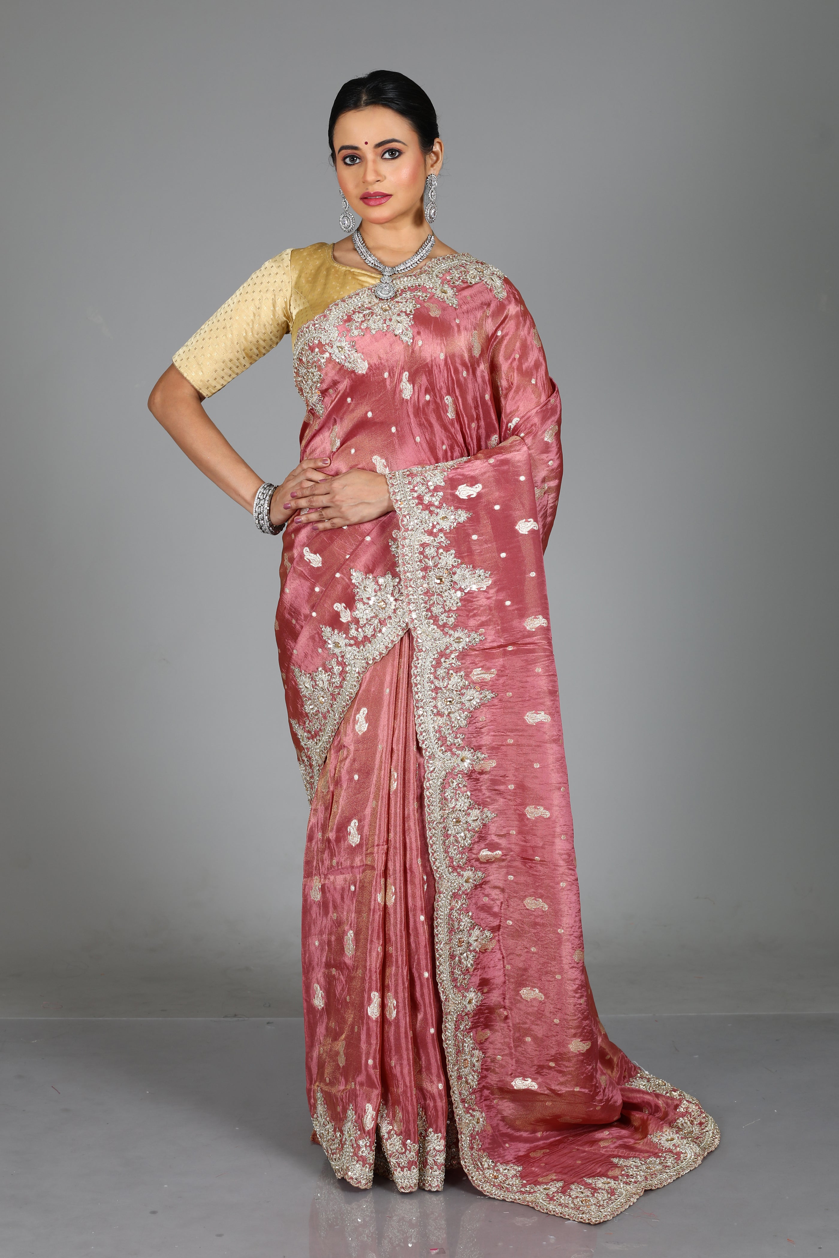 Light Pink Blended Satin Silk Saree