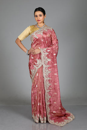 Light Pink Blended Satin Silk Saree
