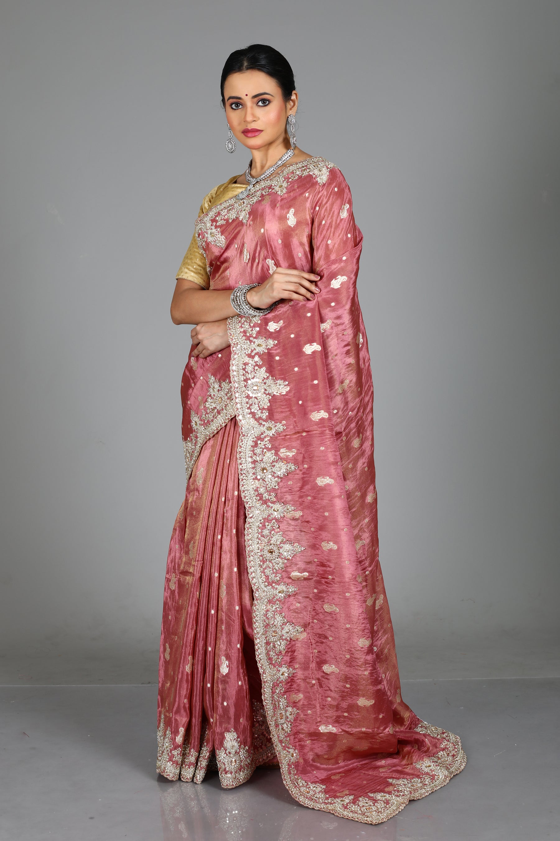 Light Pink Blended Satin Silk Saree