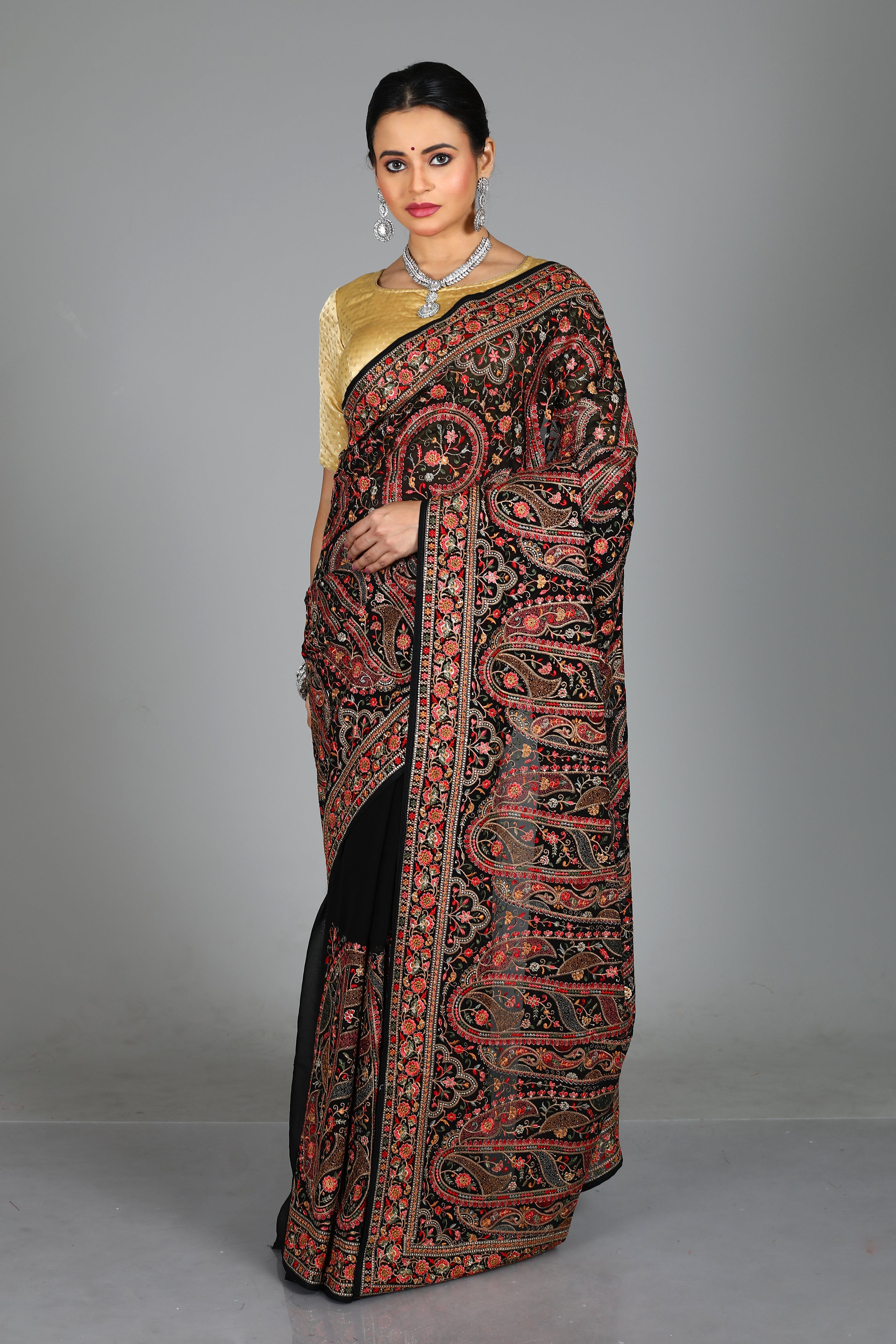 Black Blended Georgette Saree with Threadwork