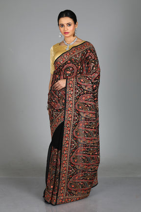 Black Blended Georgette Saree with Threadwork