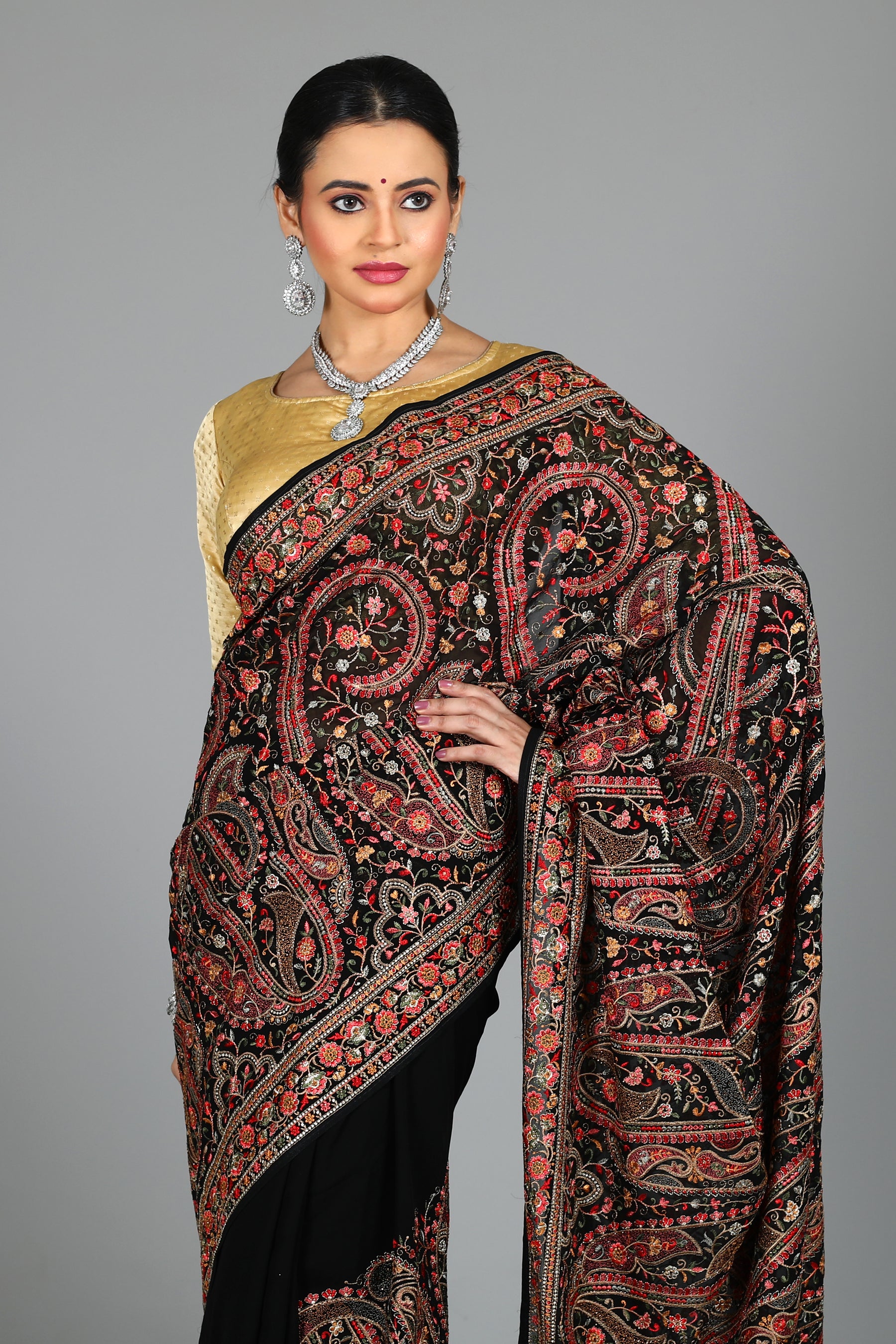 Black Blended Georgette Saree with Threadwork