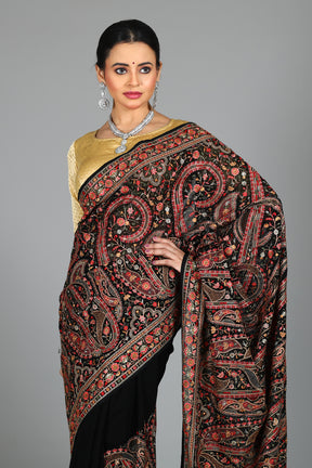 Black Blended Georgette Saree with Threadwork
