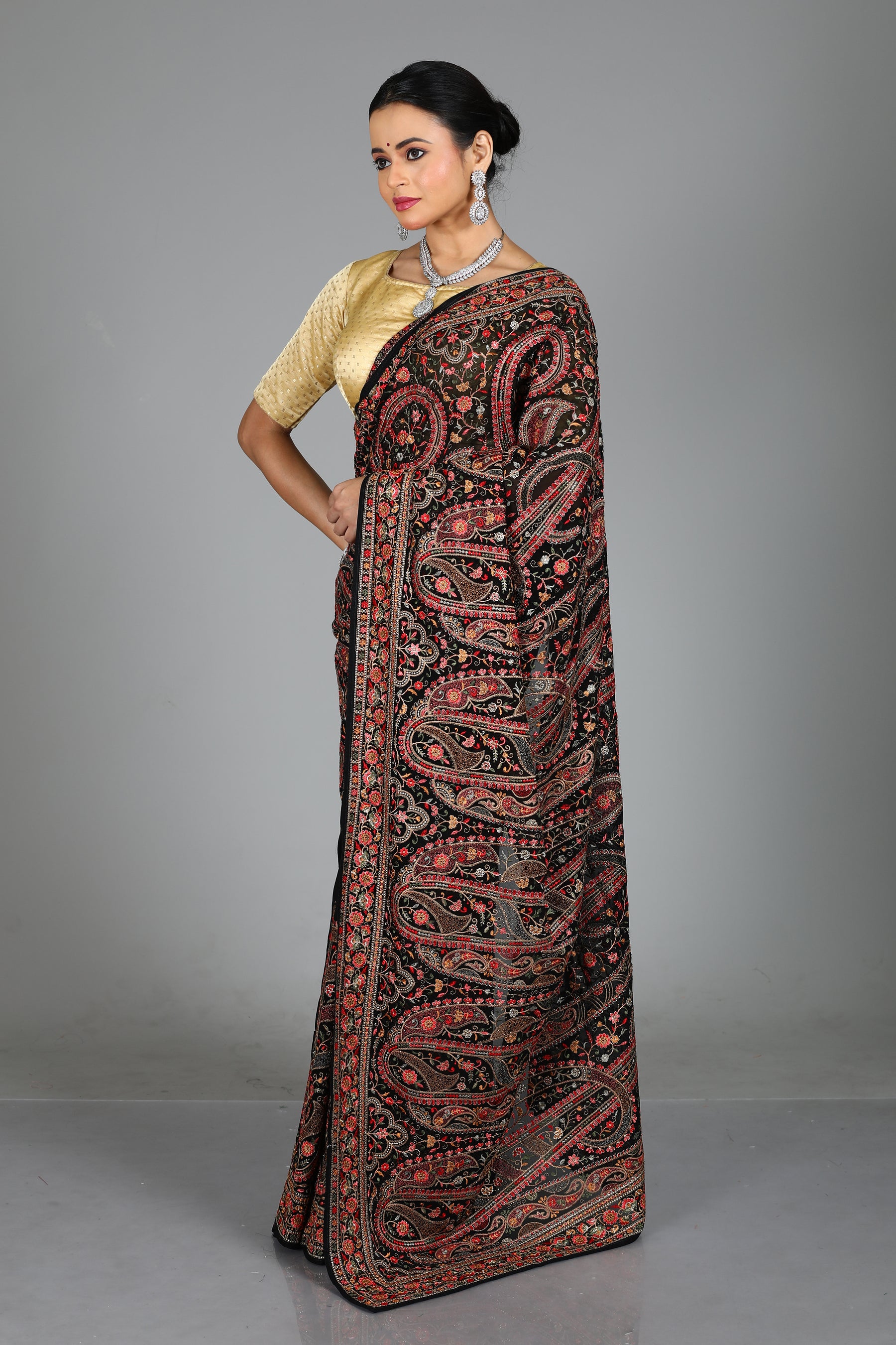 Black Blended Georgette Saree with Threadwork