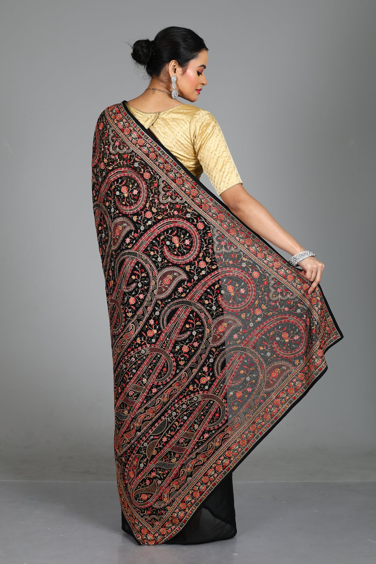 Black Blended Georgette Saree with Threadwork