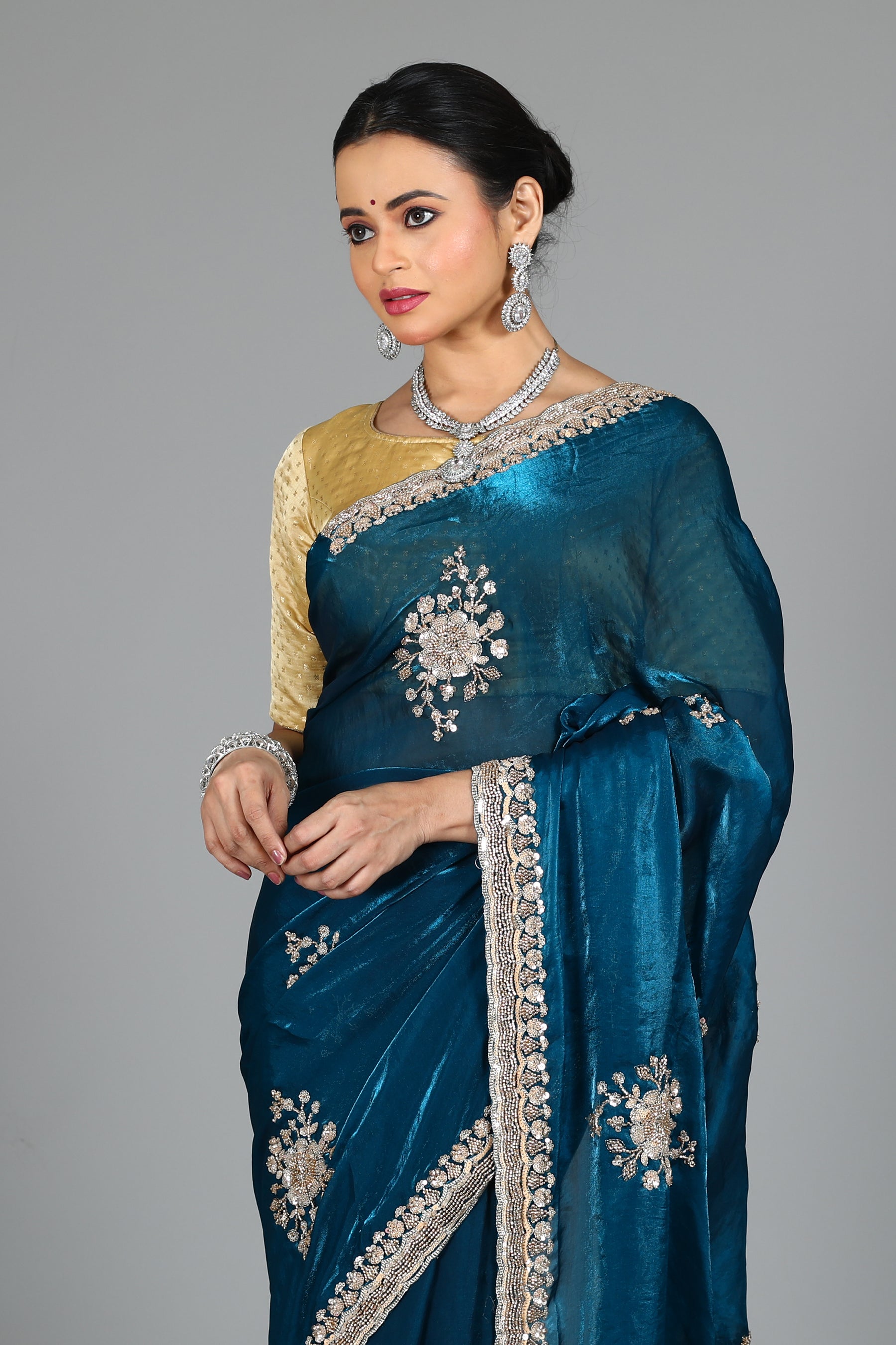 Blue Blended Georgette Saree