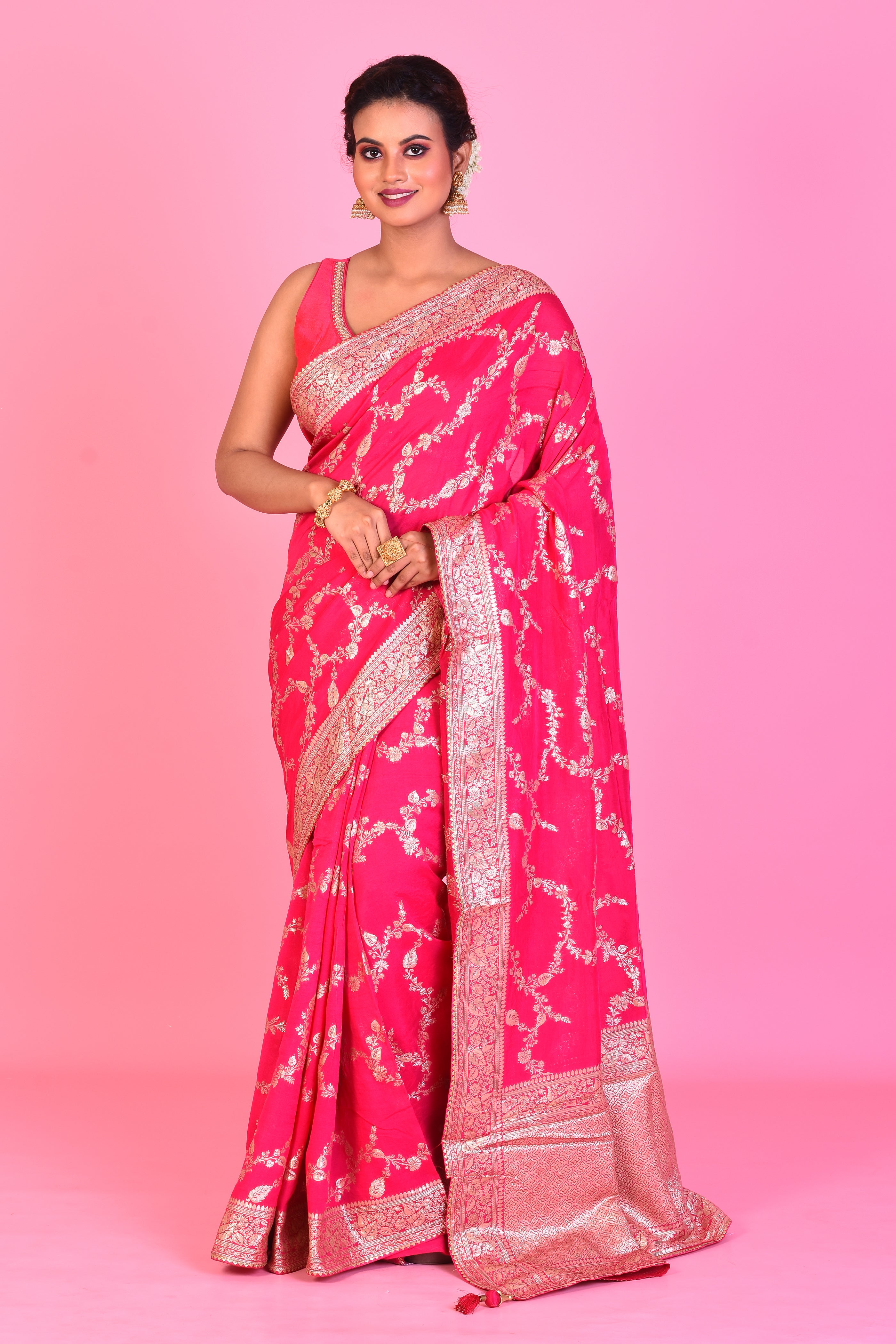 Designer Pink Georgette Khaddi Saree with Jal Work - Keya Seth Exclusive