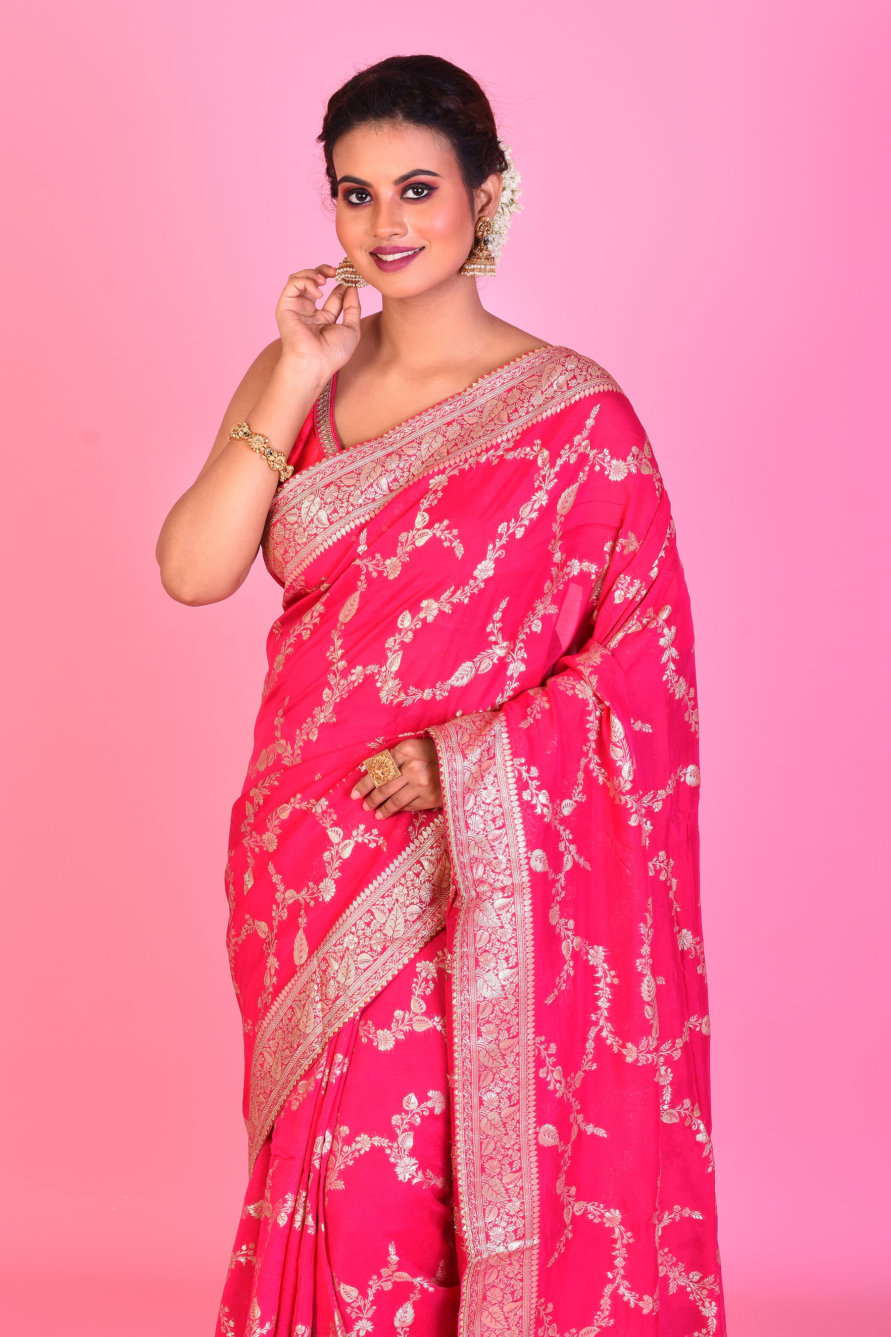 Designer Pink Georgette Khaddi Saree with Jal Work - Keya Seth Exclusive