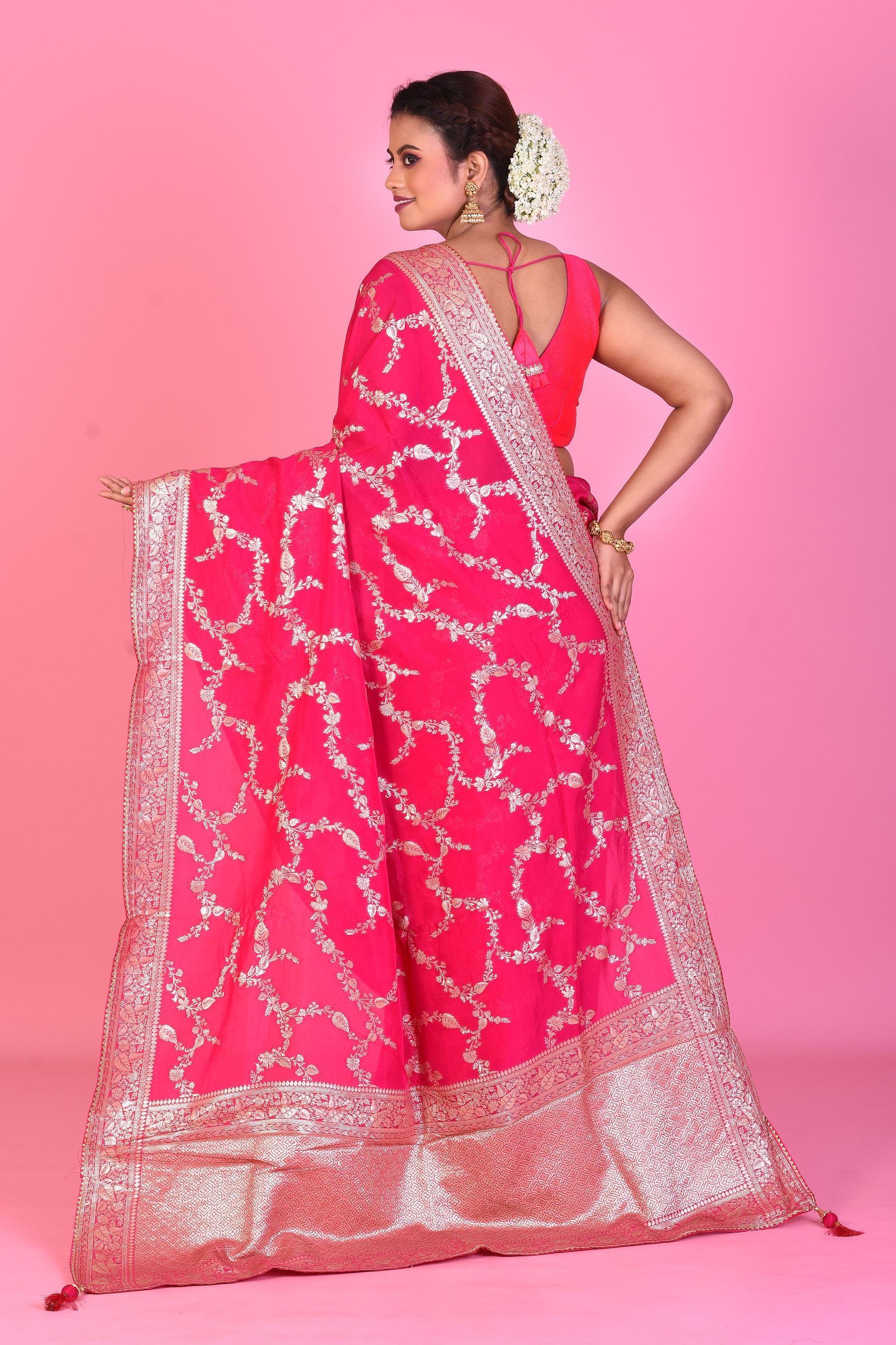 Designer Pink Georgette Khaddi Saree with Jal Work - Keya Seth Exclusive