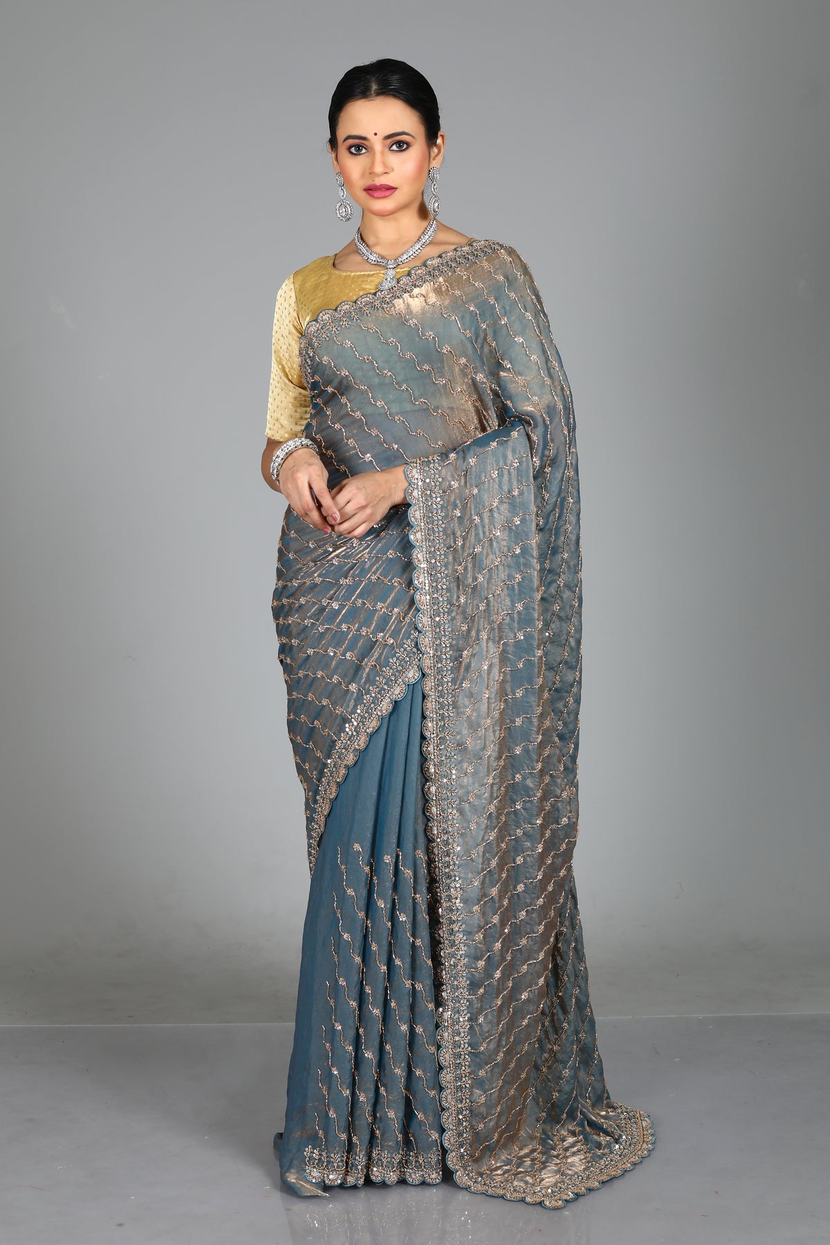 Grey Blended Georgette Saree