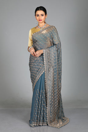 Grey Blended Georgette Saree