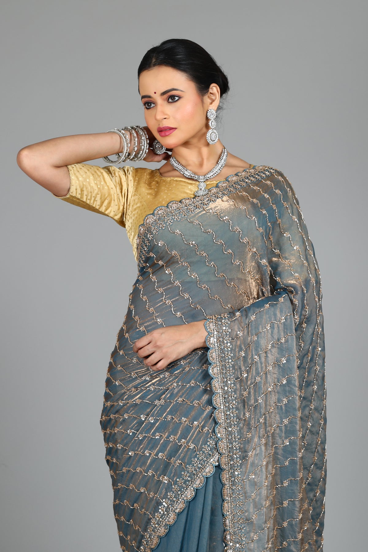 Grey Blended Georgette Saree