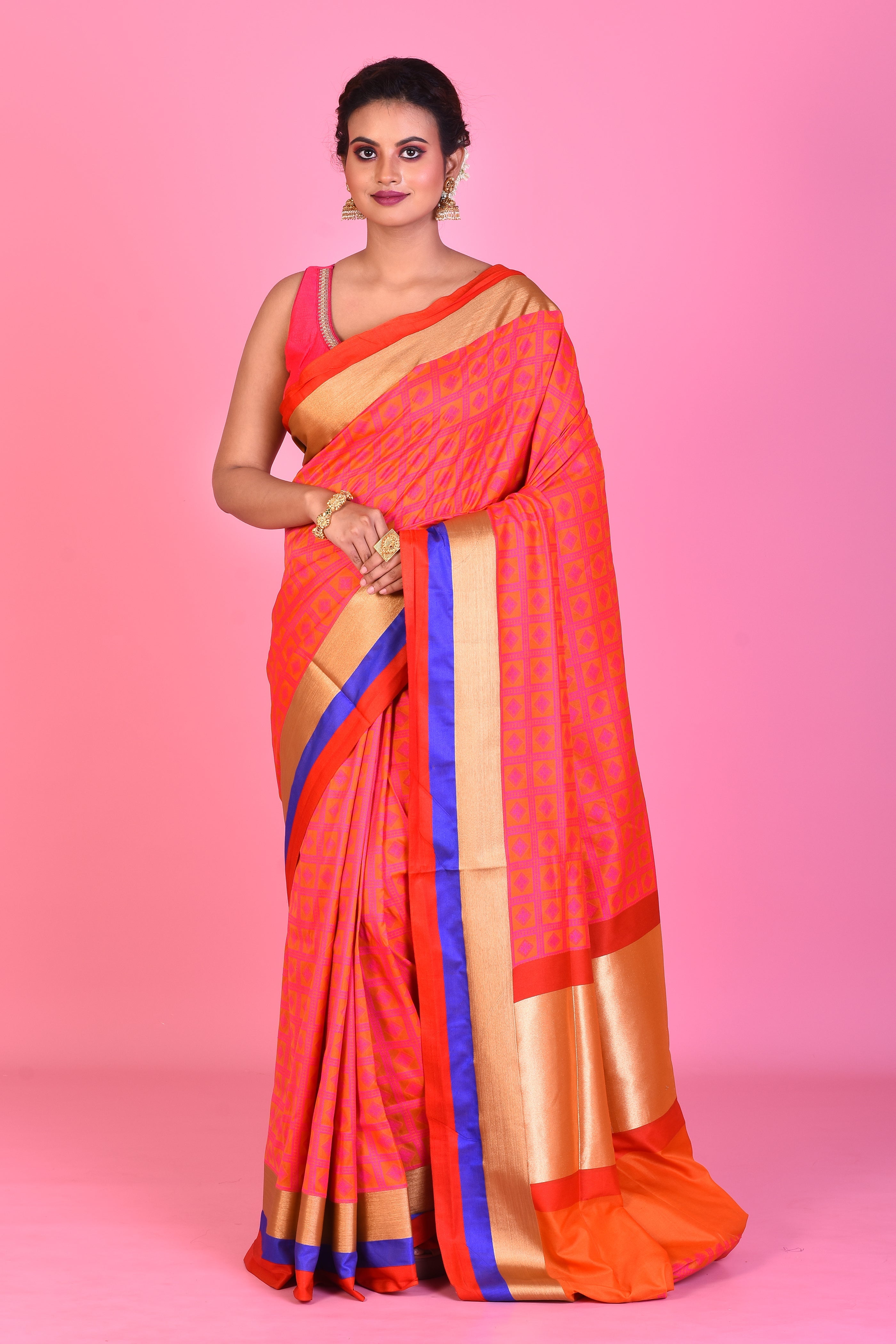 Orange Blended Silk Saree with Red and Blue Borders - Keya Seth Exclusive