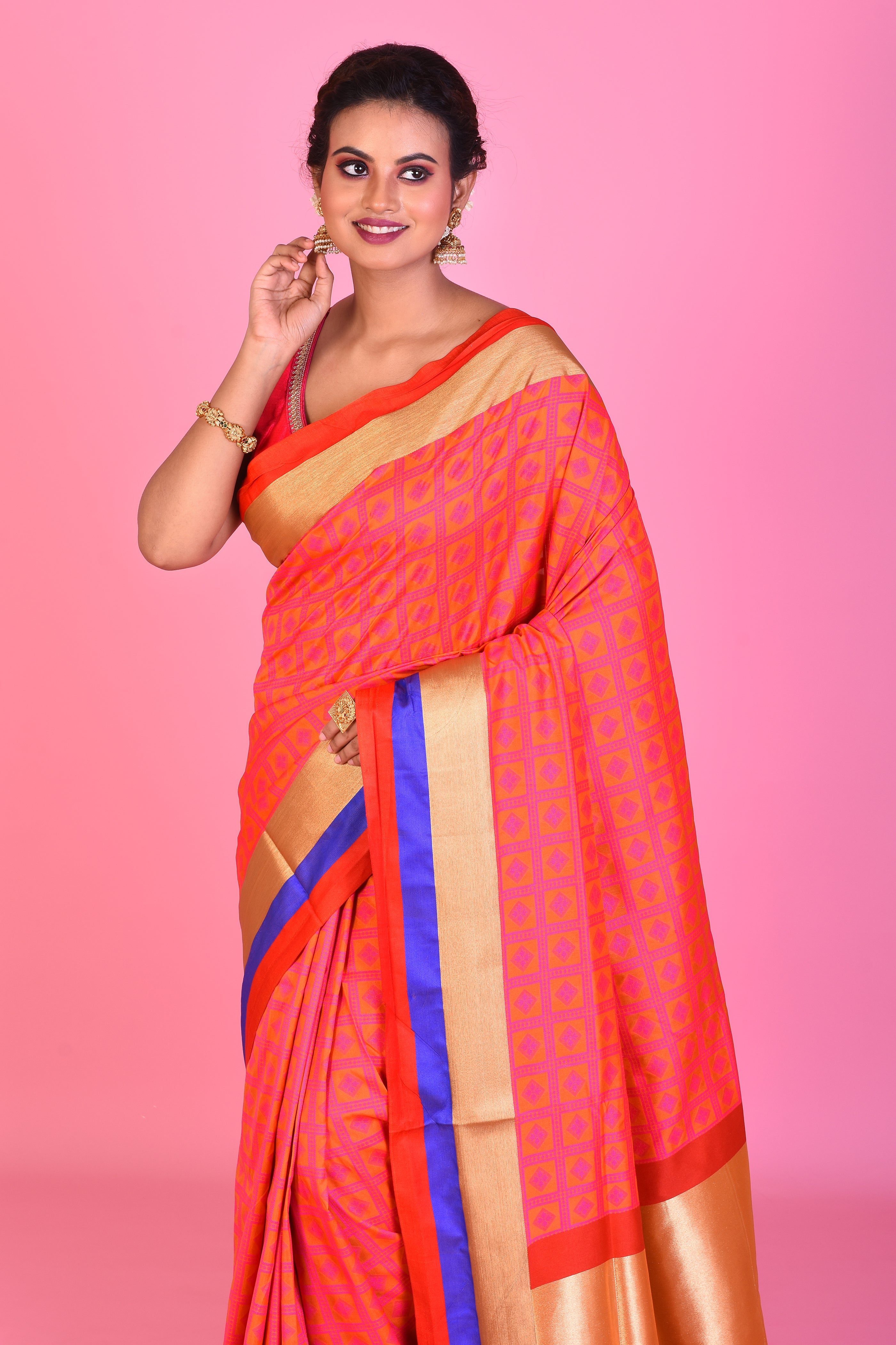 Orange Blended Silk Saree with Red and Blue Borders - Keya Seth Exclusive