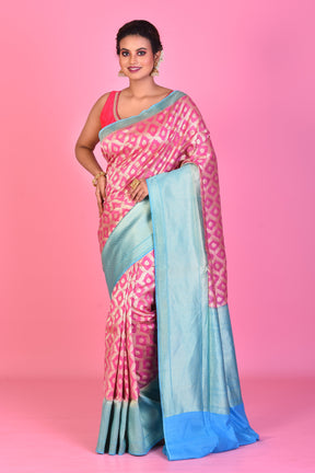 Pink Blended Dupion Silk Saree with Sky Blue Borders - Keya Seth Exclusive