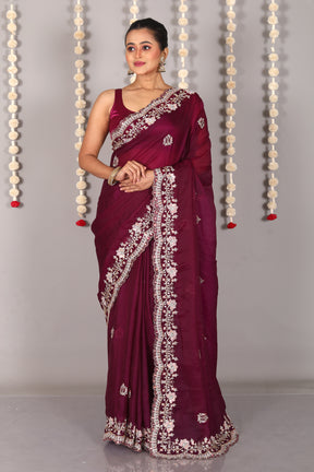 Wine Blended Satin Silk Saree - Keya Seth Exclusive