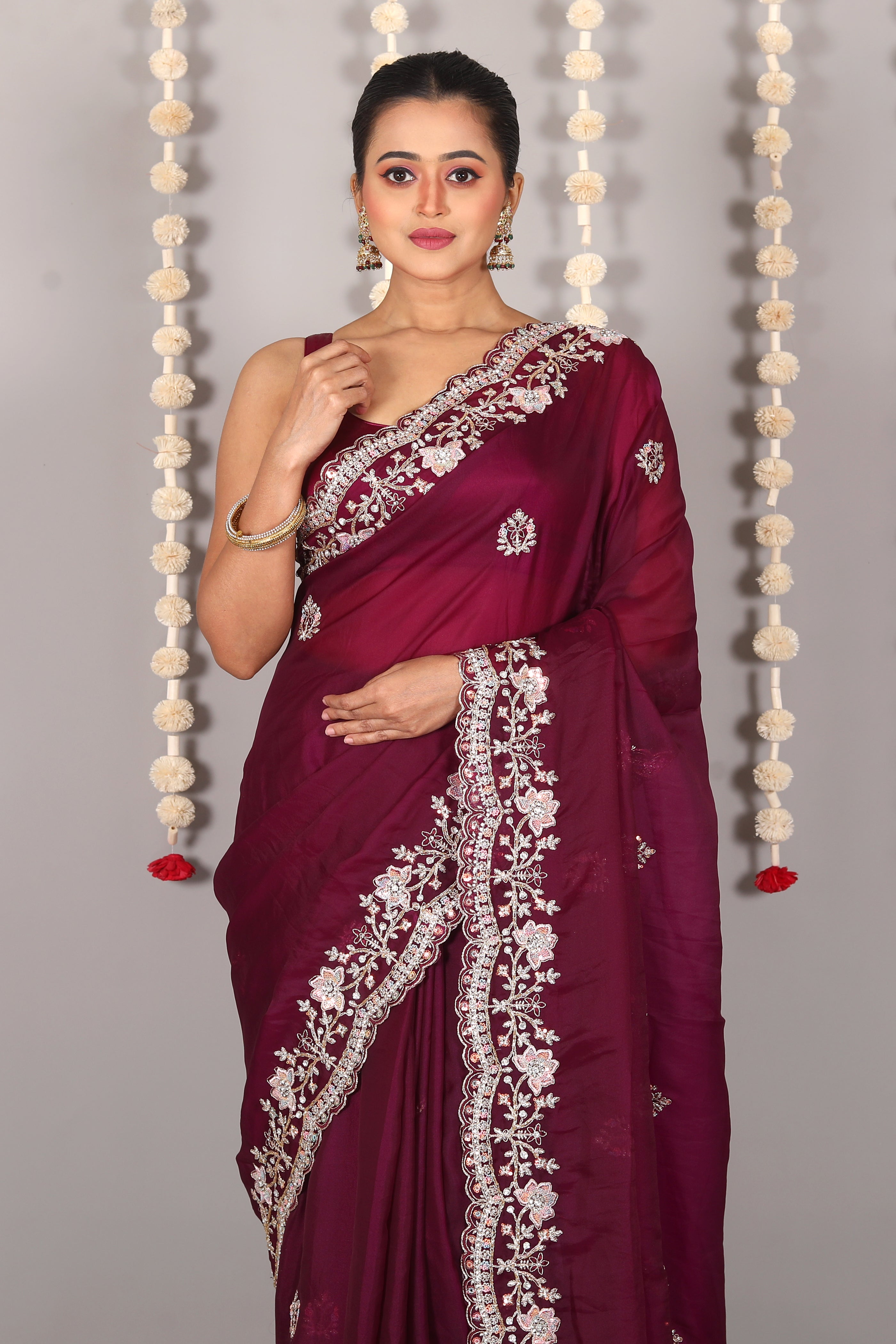 Wine Blended Satin Silk Saree - Keya Seth Exclusive