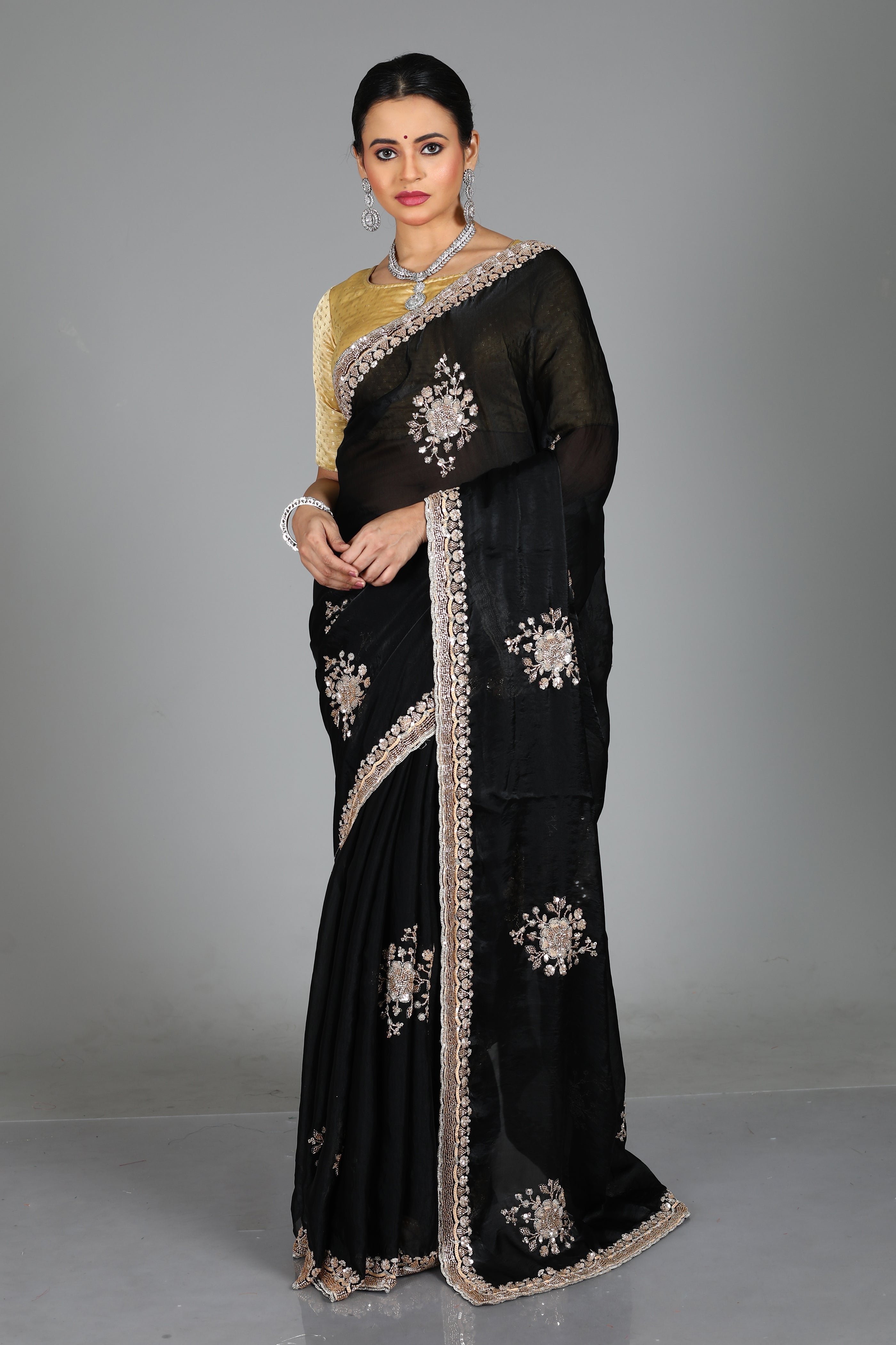 Black Blended Georgette Saree