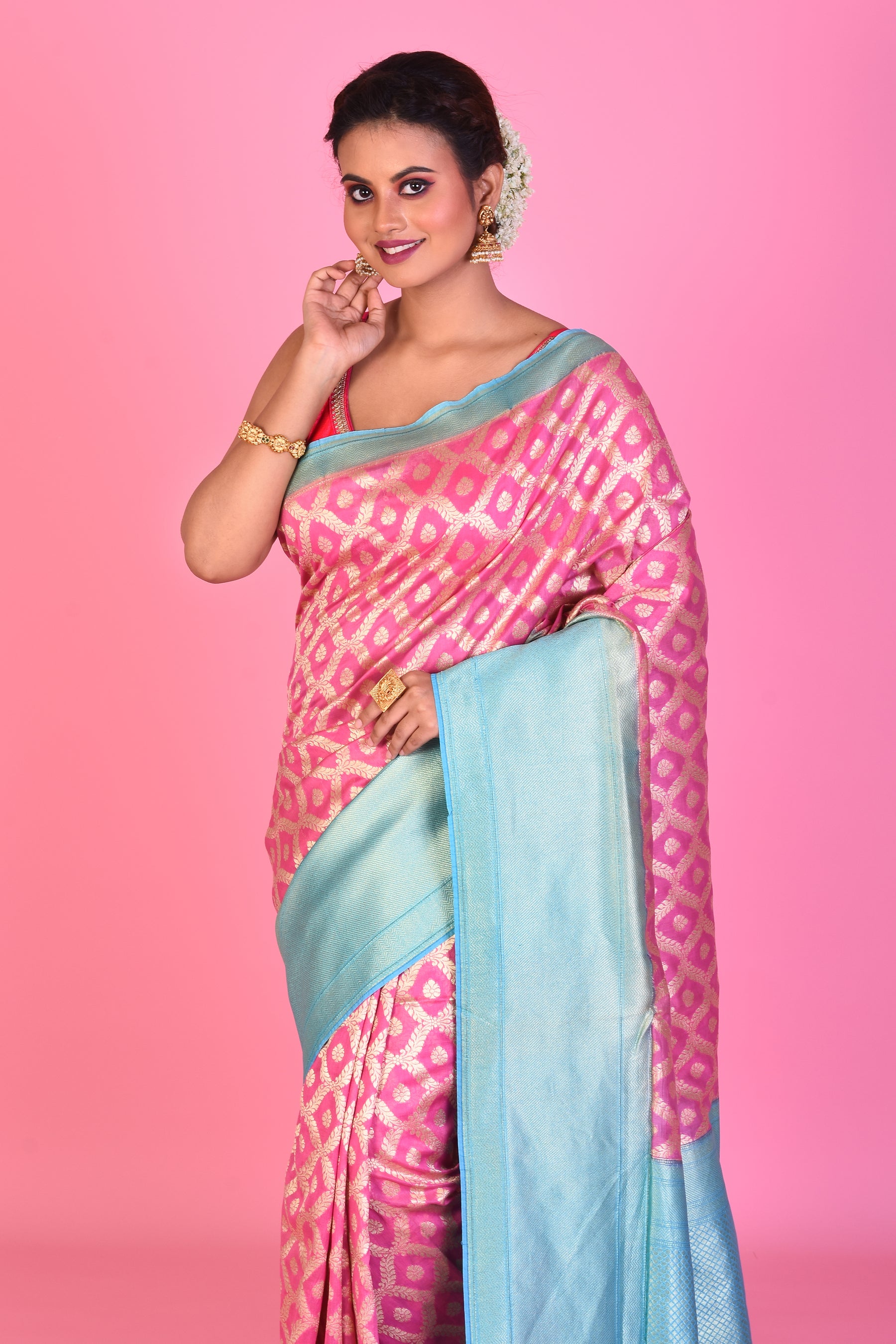 Pink Blended Dupion Silk Saree with Sky Blue Borders - Keya Seth Exclusive