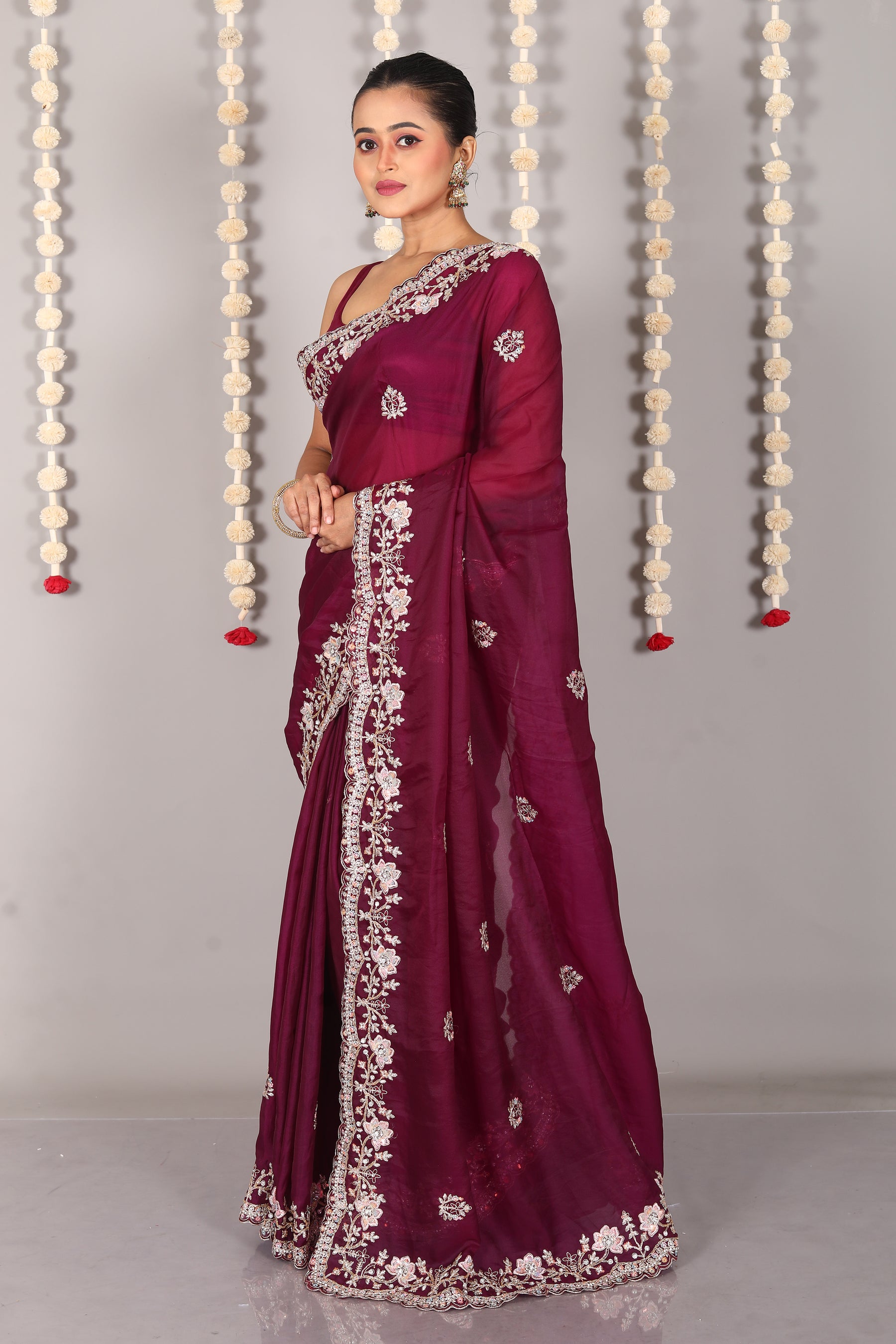 Wine Blended Satin Silk Saree - Keya Seth Exclusive